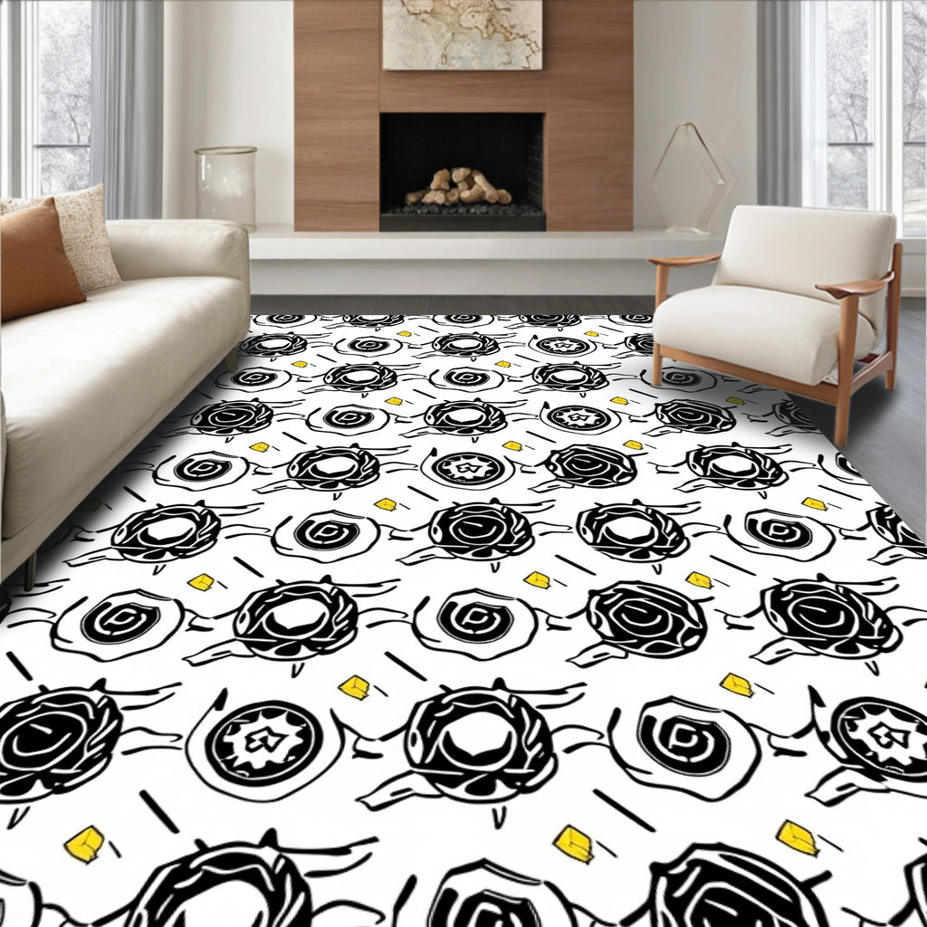 Whimsical Black Rose Swirl Yellow Square Rug