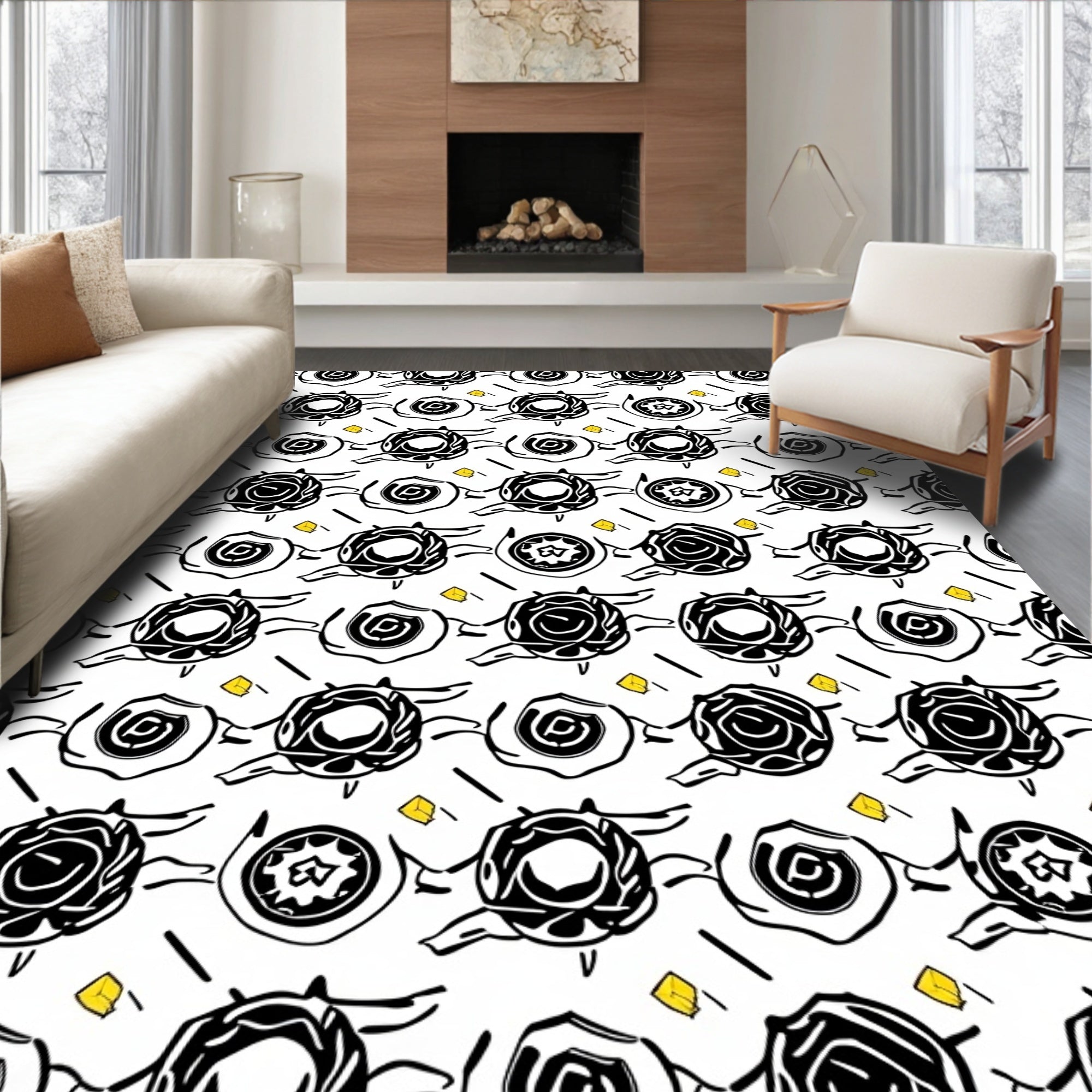 Whimsical Black Rose Swirl Yellow Square Rug