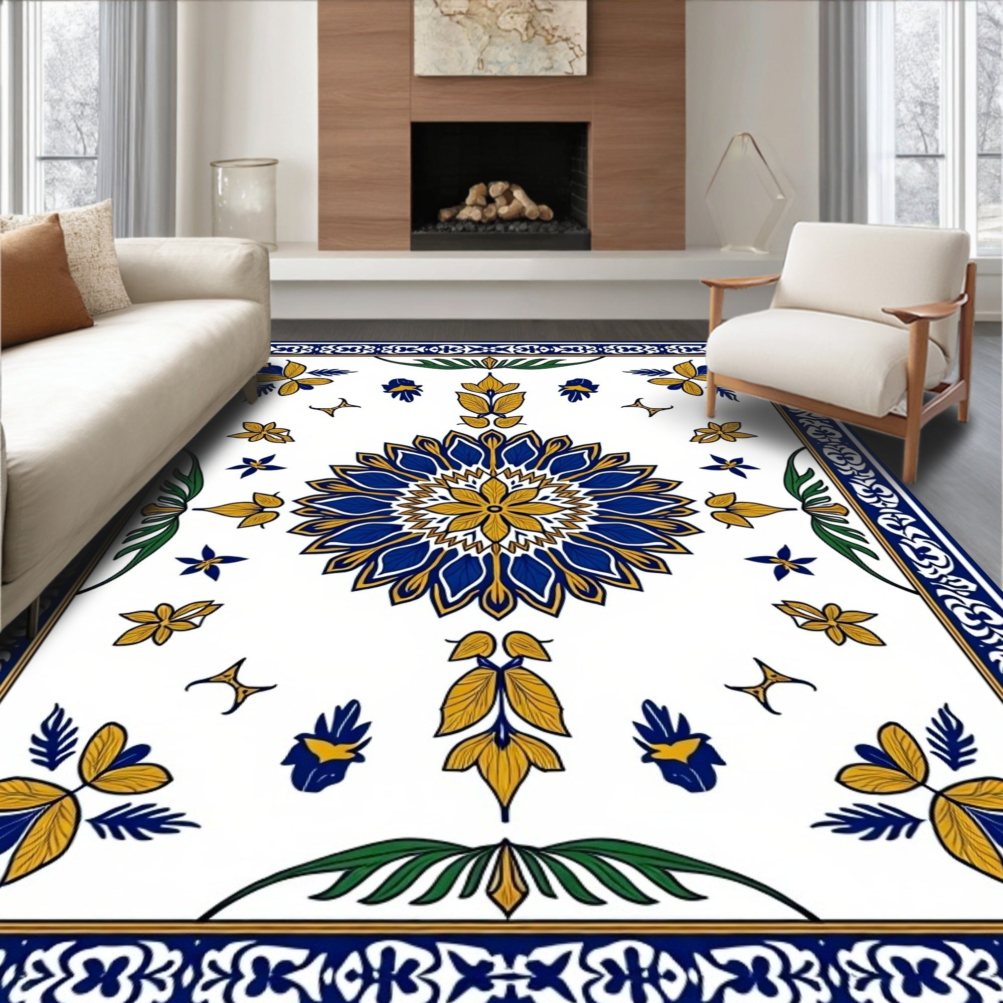 Royal Blue Yellow Floral Medallion Border Rug