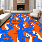 Whimsical White Birds Blue Swirls Orange Rug