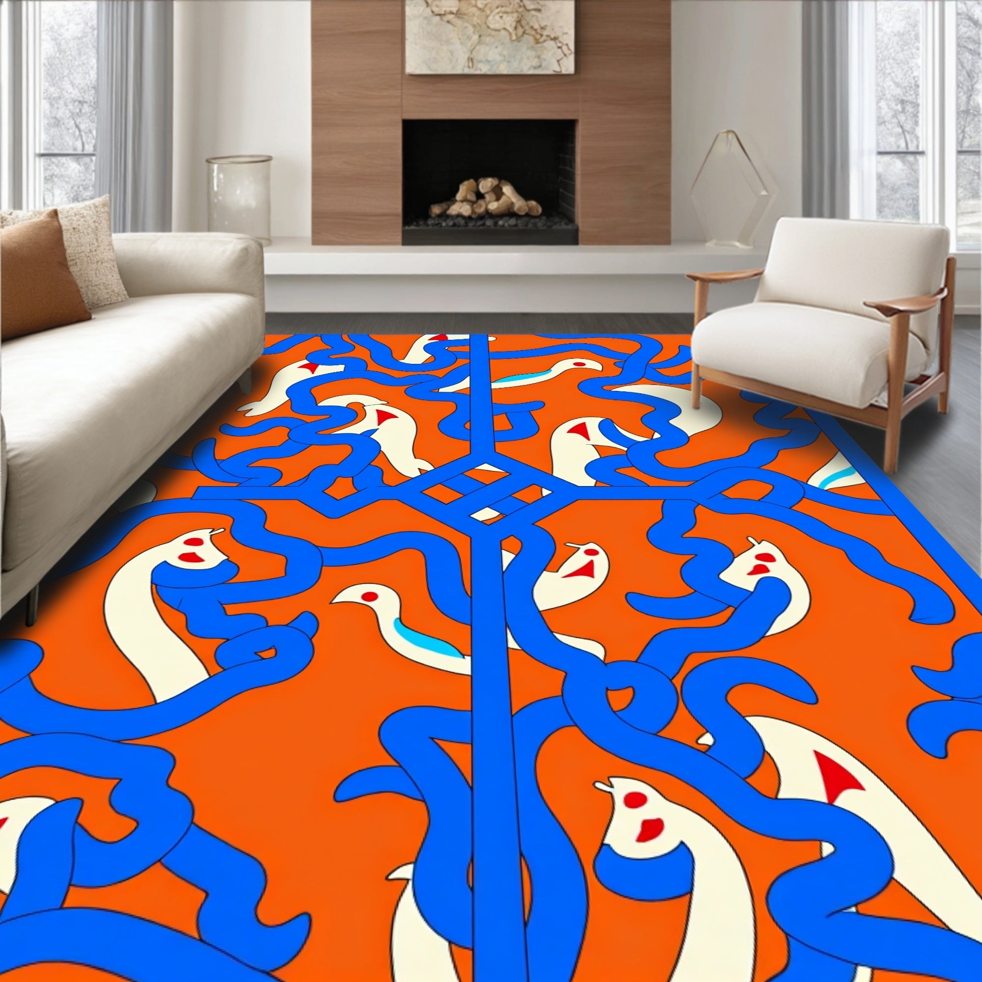 Whimsical White Birds Blue Swirls Orange Rug