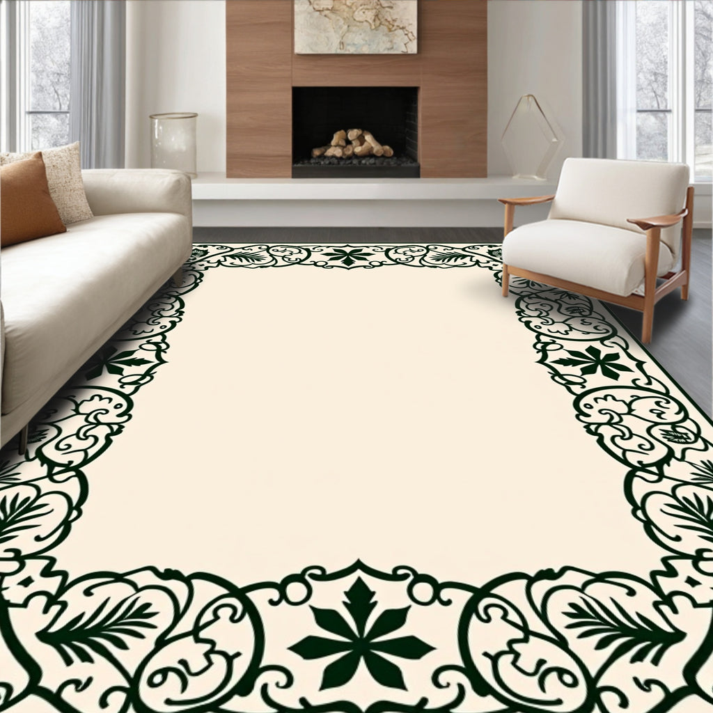 Dark Green Floral Leaf Border Rug