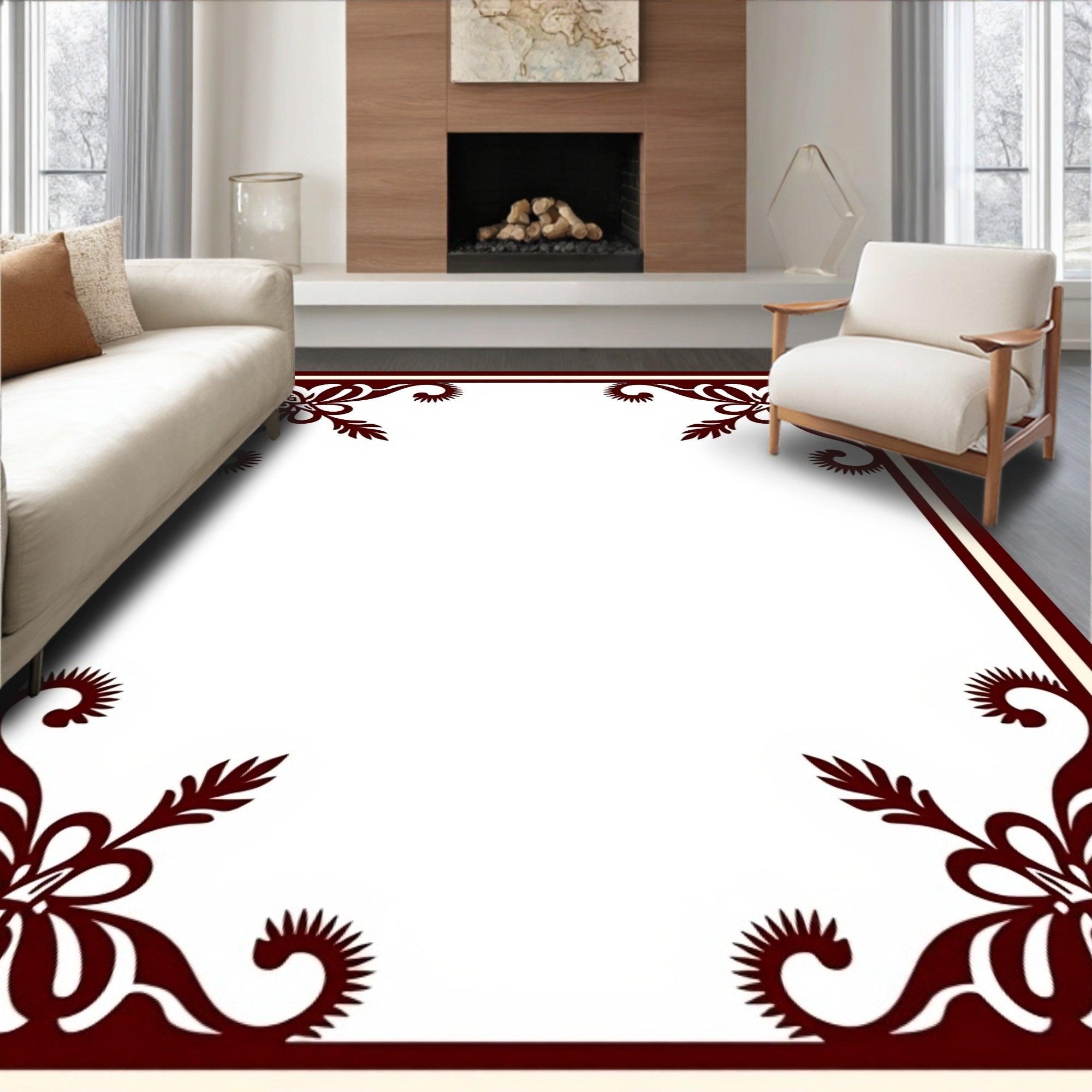 Deep Crimson Floral Border Accent Rug