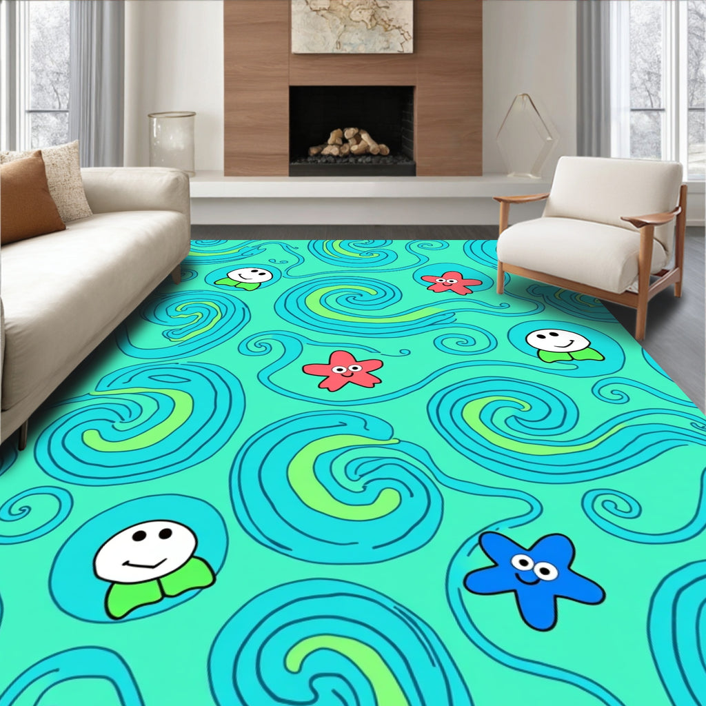 Oceanic Waves With Smiling Stars Rug