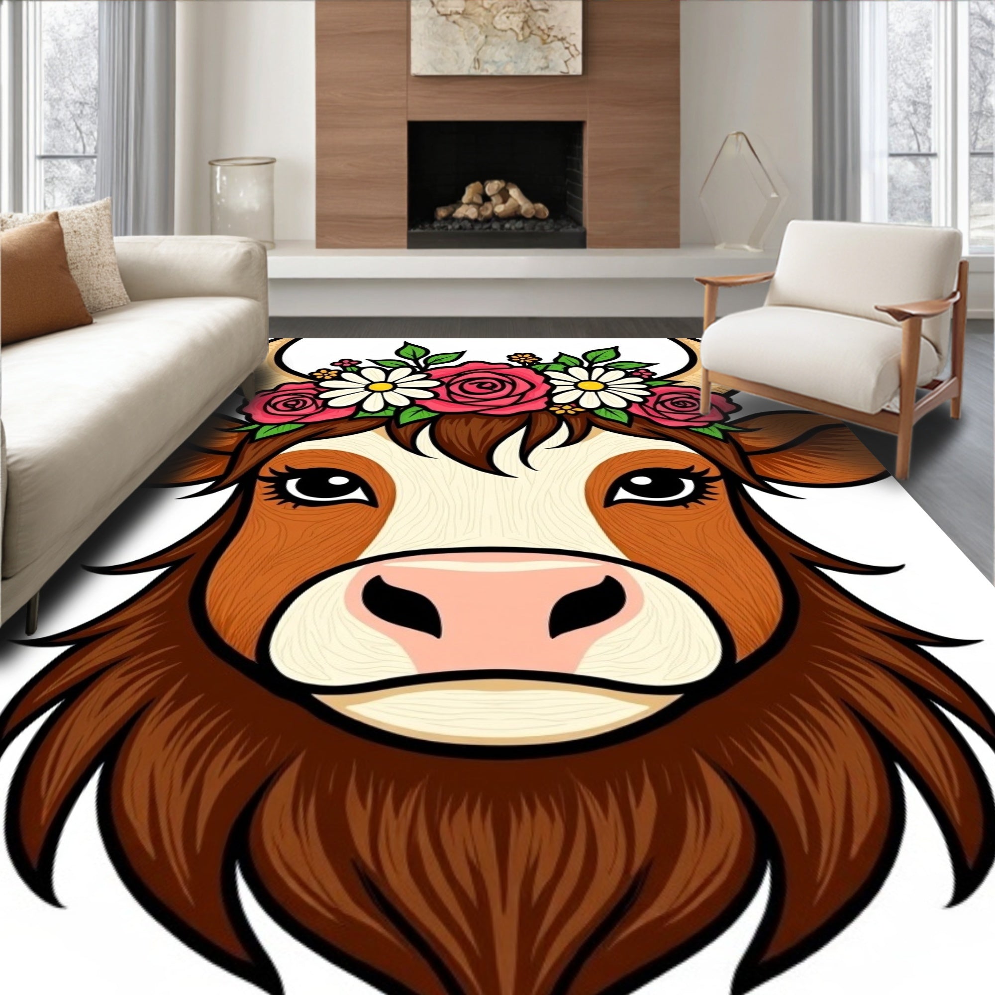 Whimsical Highland Cow Floral Wreath Rug