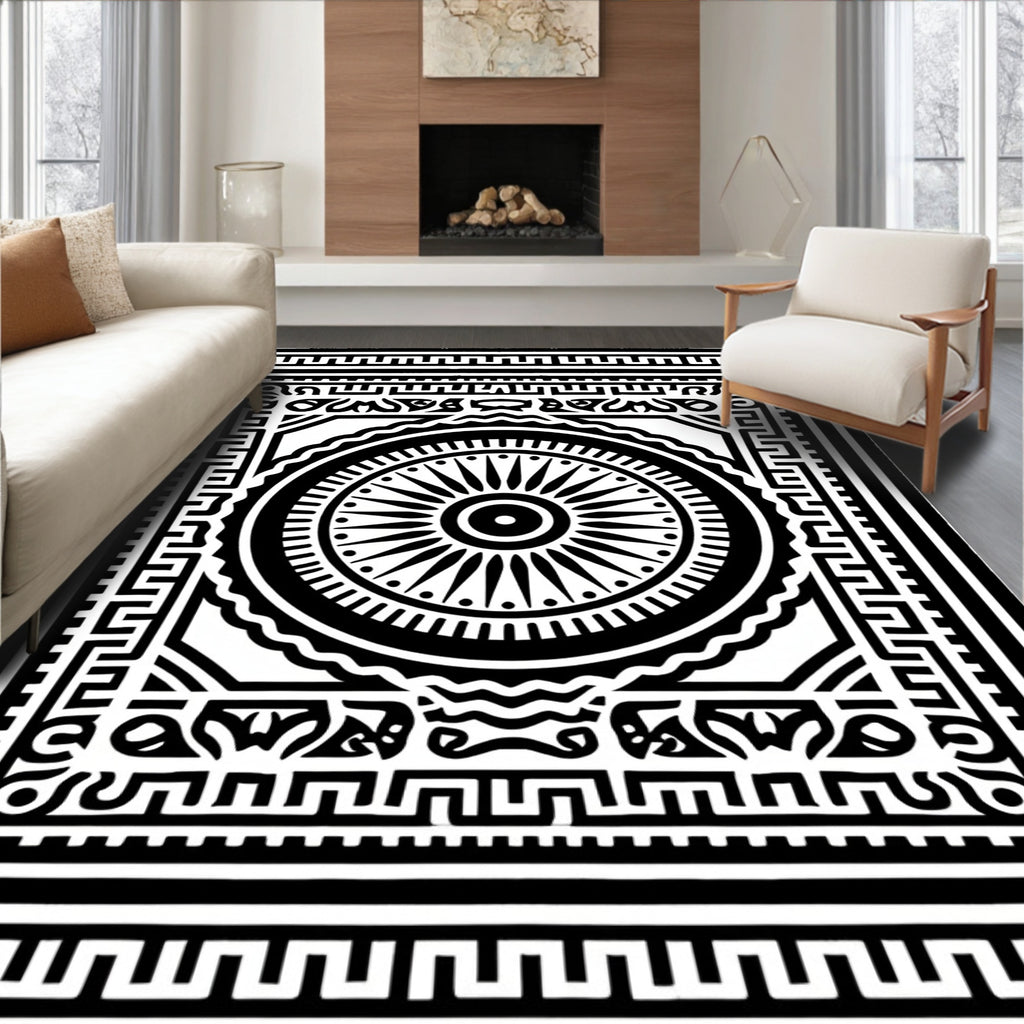 Black White Geometric Sunburst Mandala Rug