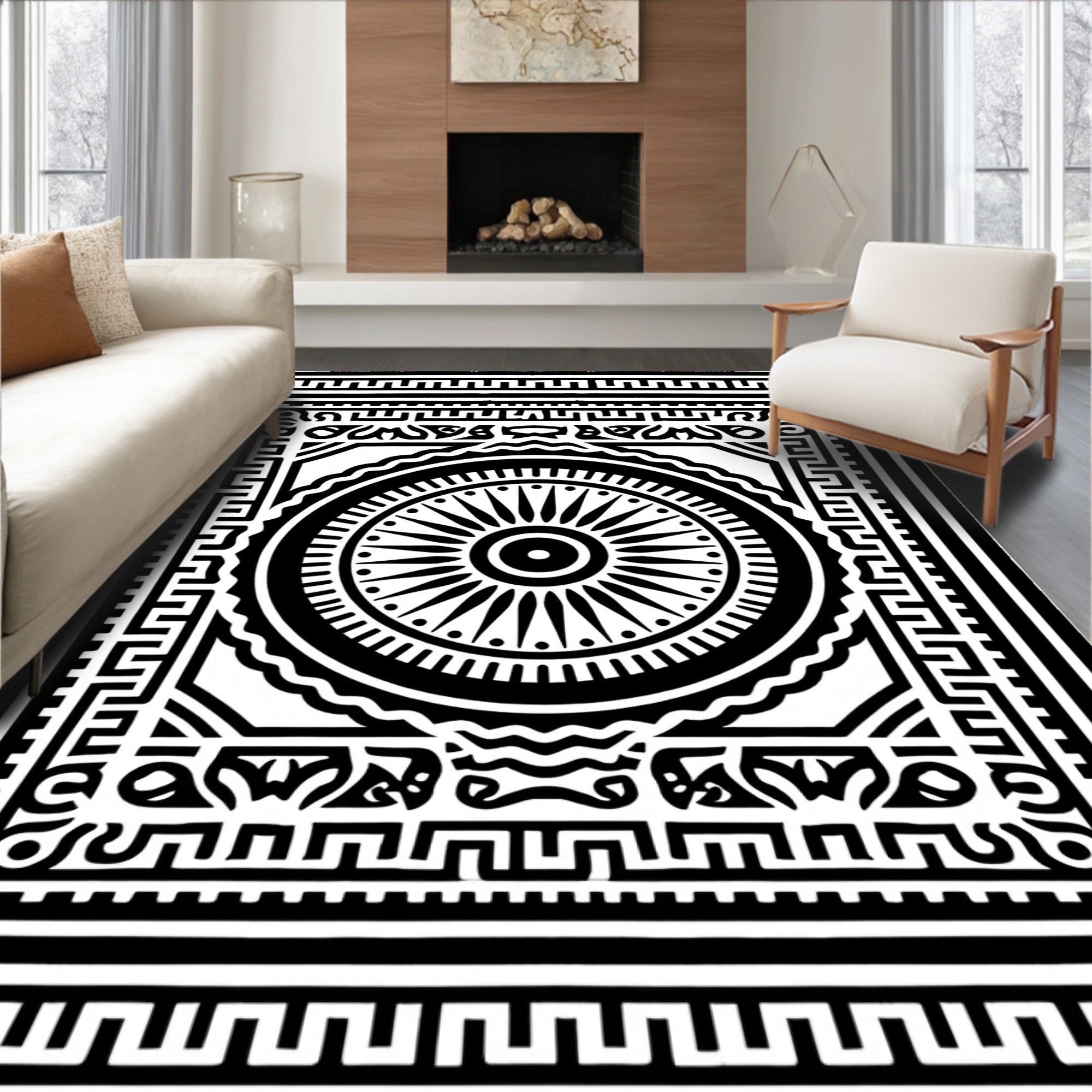 Black White Geometric Sunburst Mandala Rug