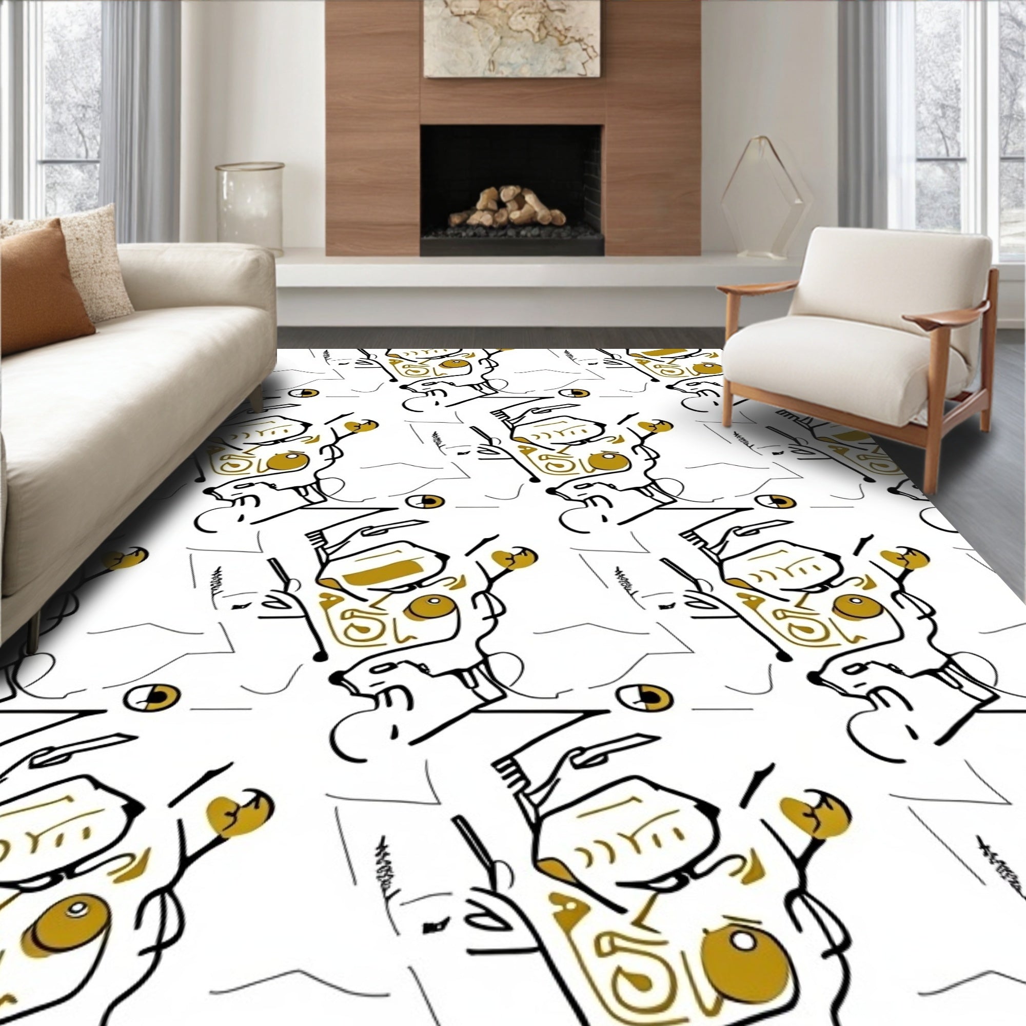 Abstract Cubist Face Gold Line Rug
