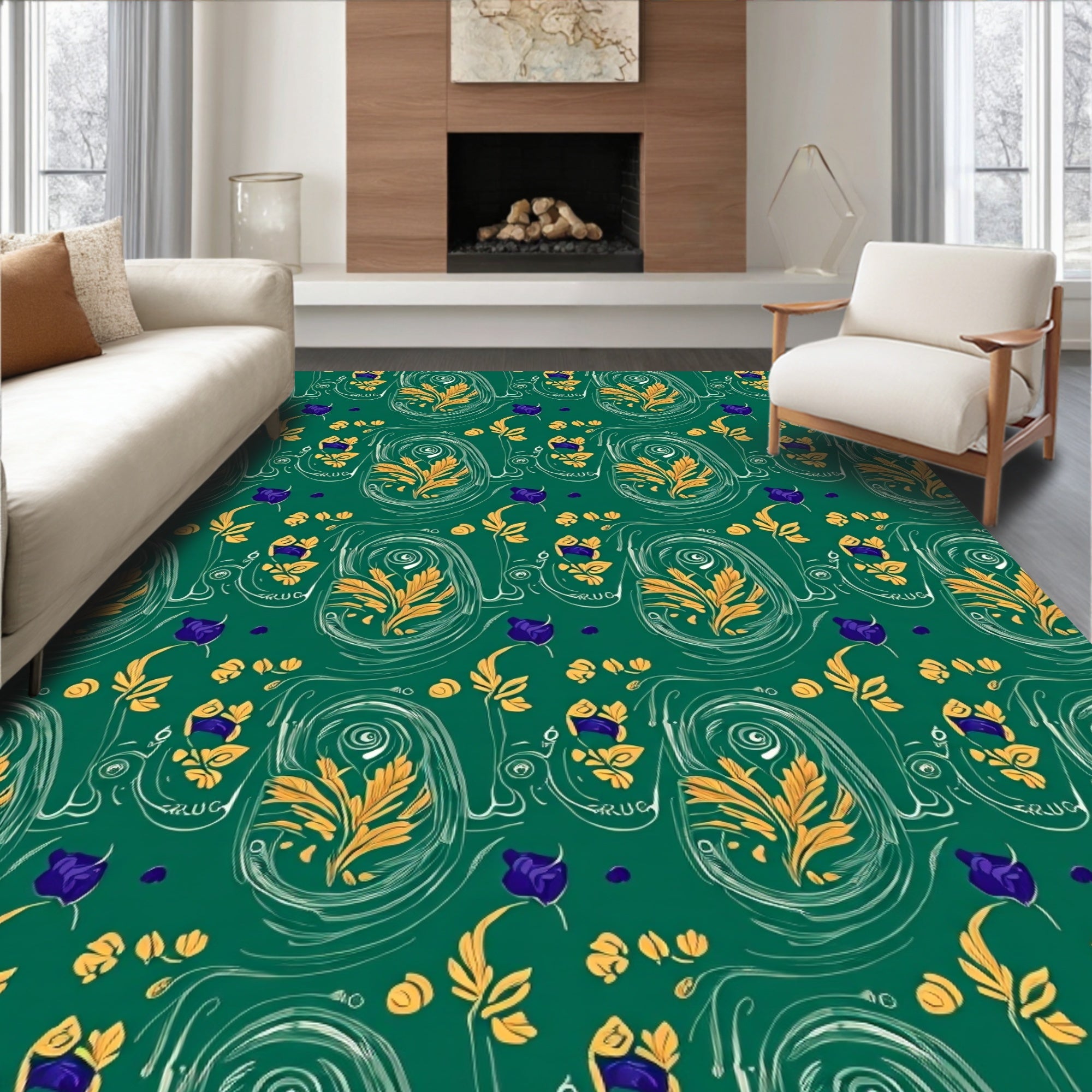 Emerald Green Golden Floral Paisley Rug