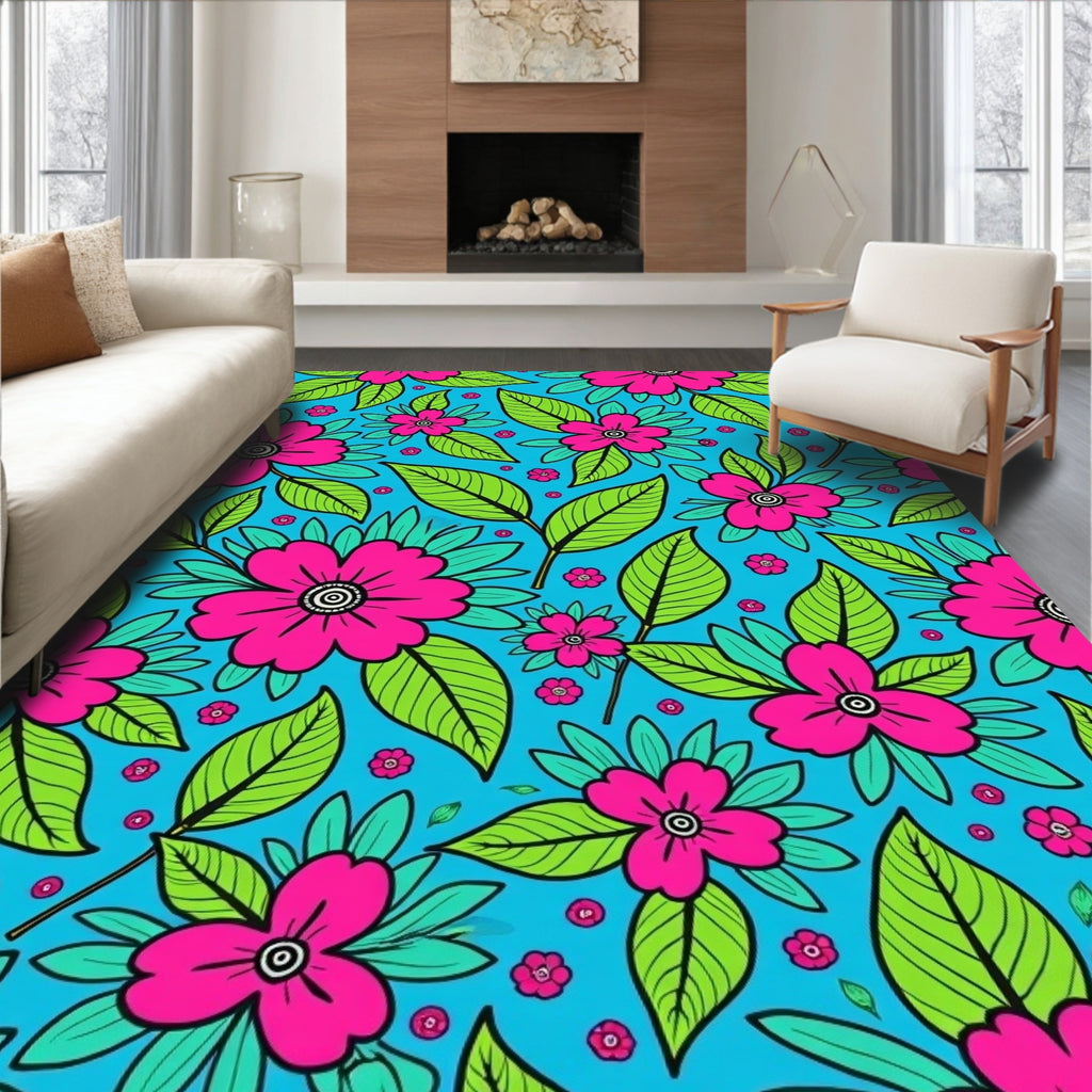Vibrant Pink Floral Leafy Garden Rug