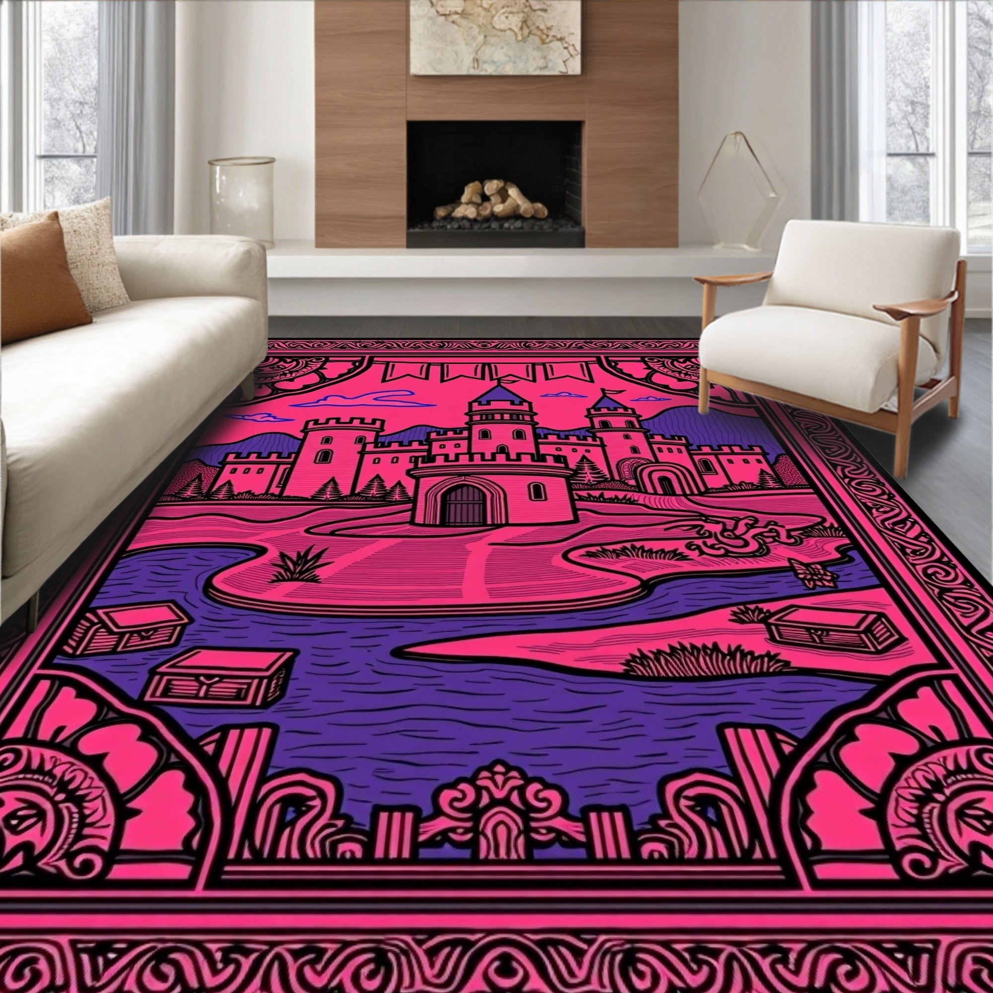 Vibrant Pink Castle Landscape Border Rug
