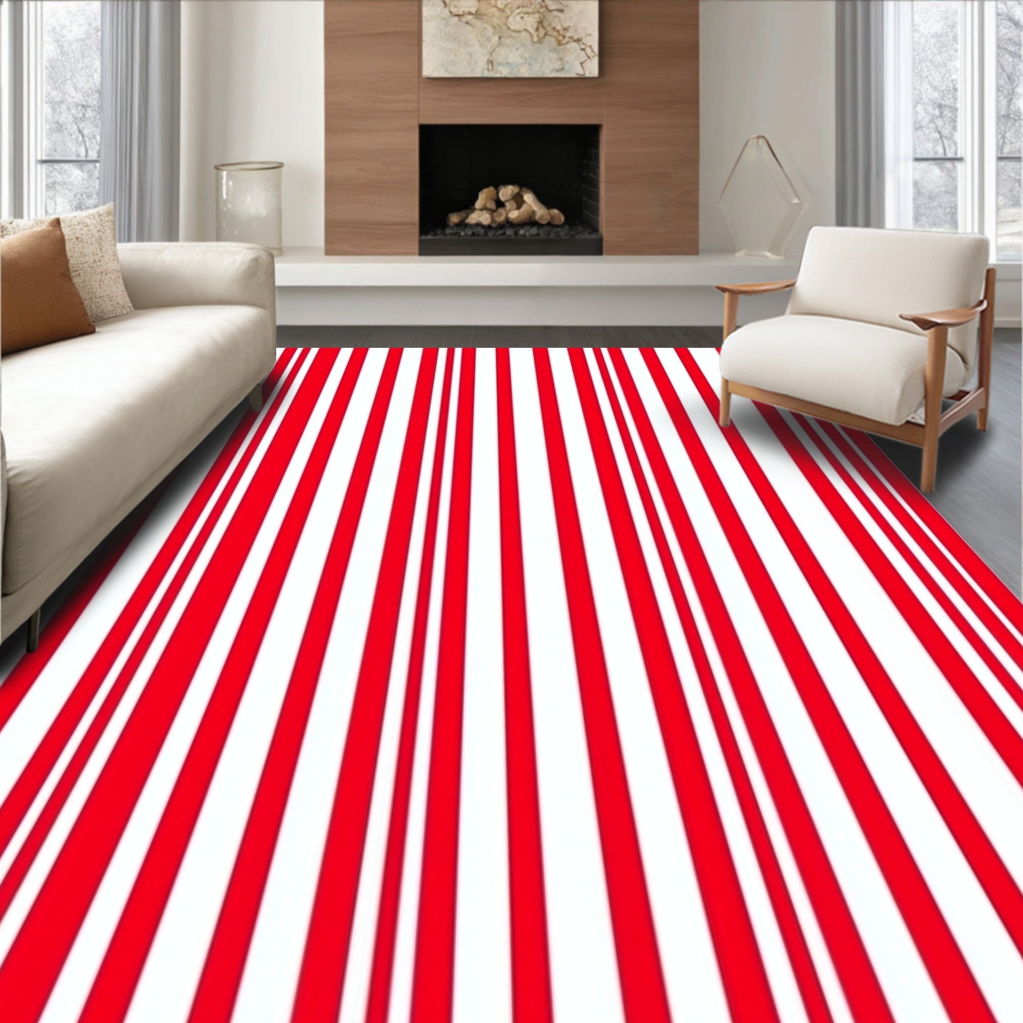 Bold Red White Vertical Stripe Rug
