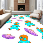 Cute Orange Alien Flying Saucer Collage Rug