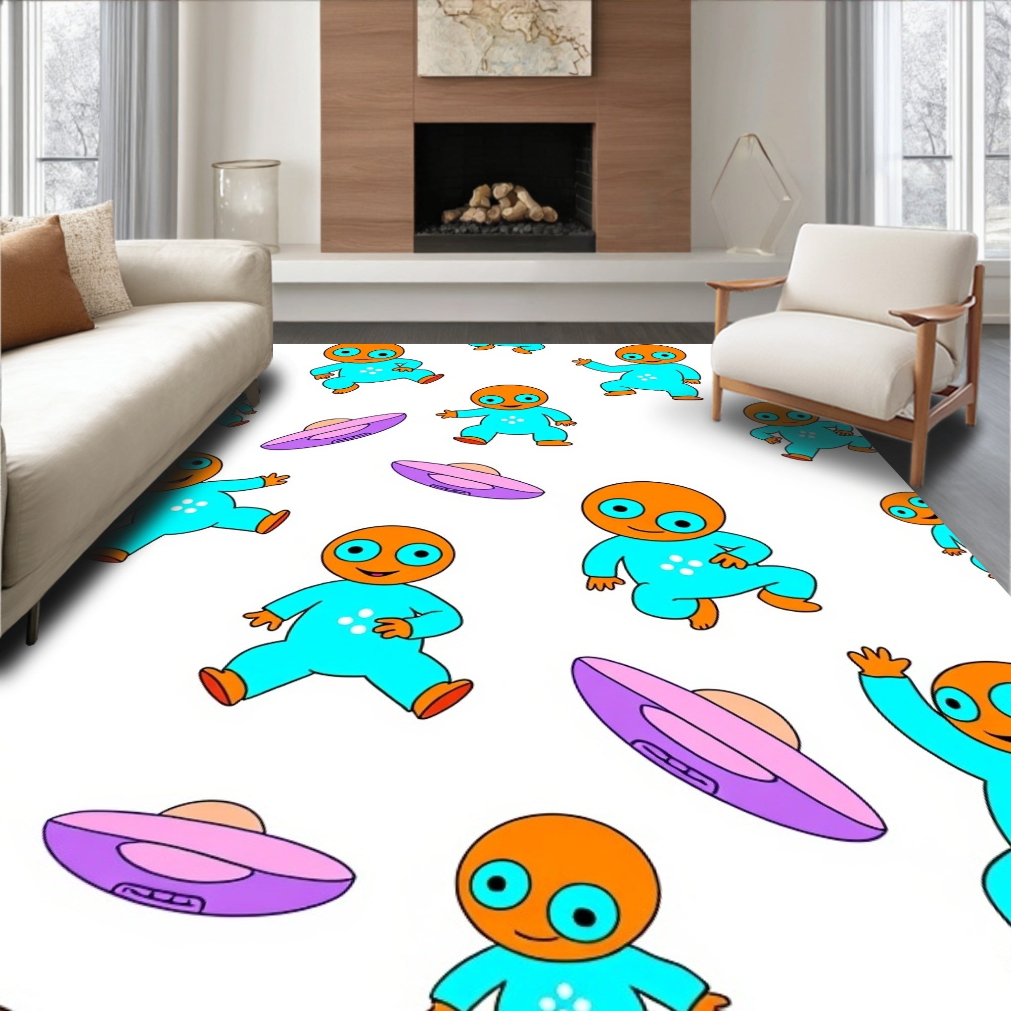 Cute Orange Alien Flying Saucer Collage Rug