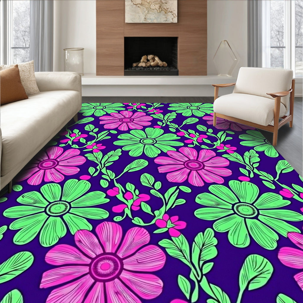 Bold Magenta Green Floral Vines Rug