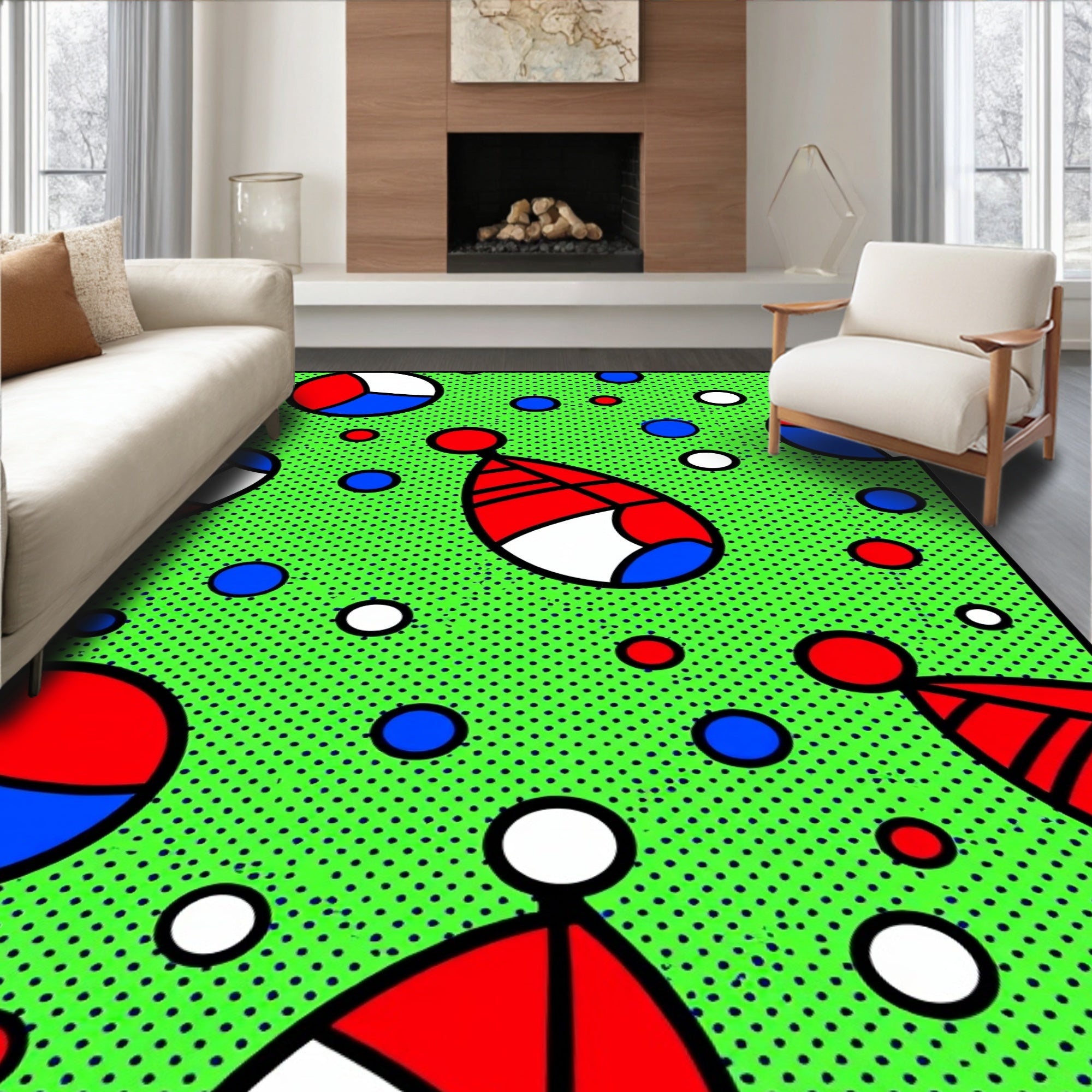 Retro Red Blue White Circles Graphic Rug