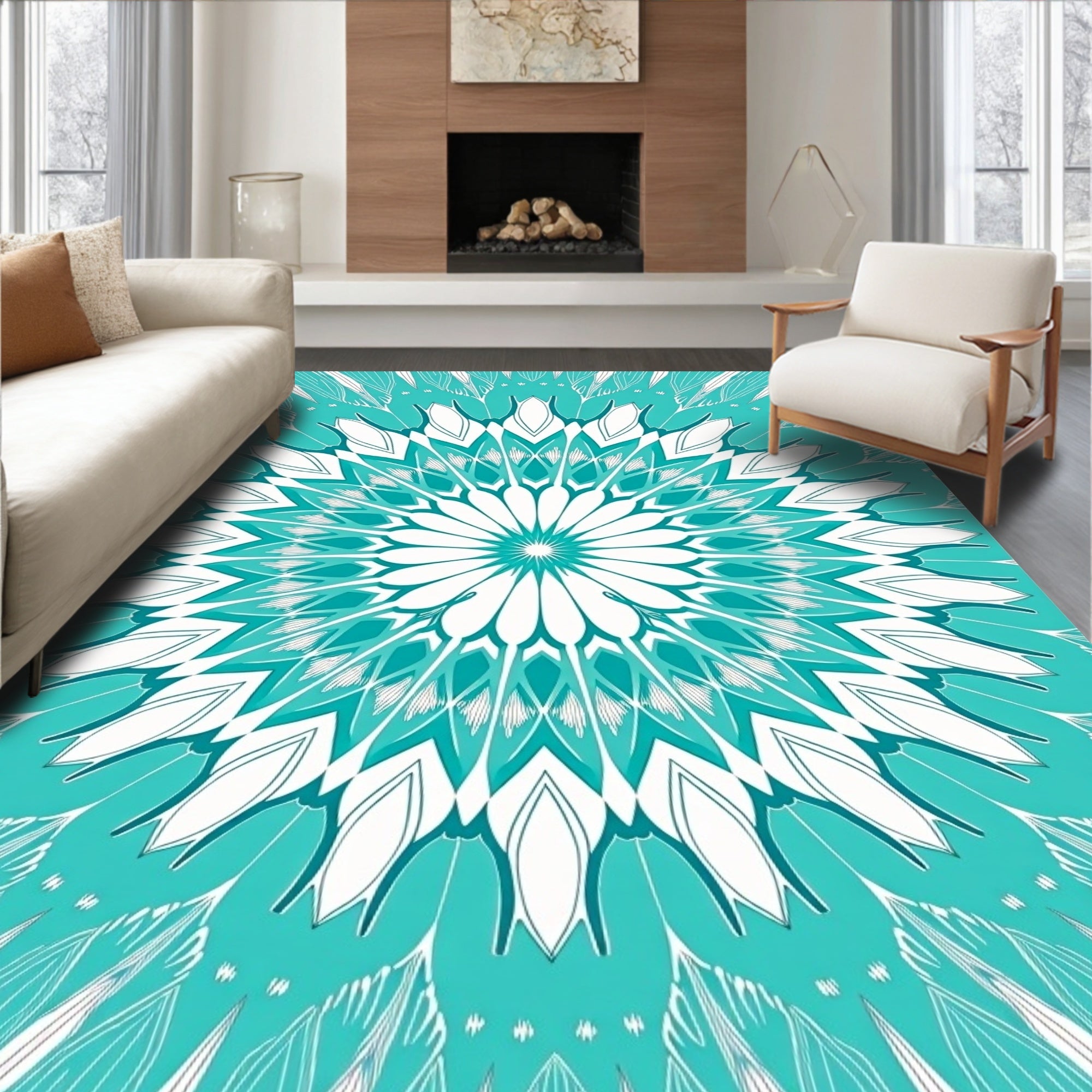 Teal White Intricate Mandala Bloom Rug