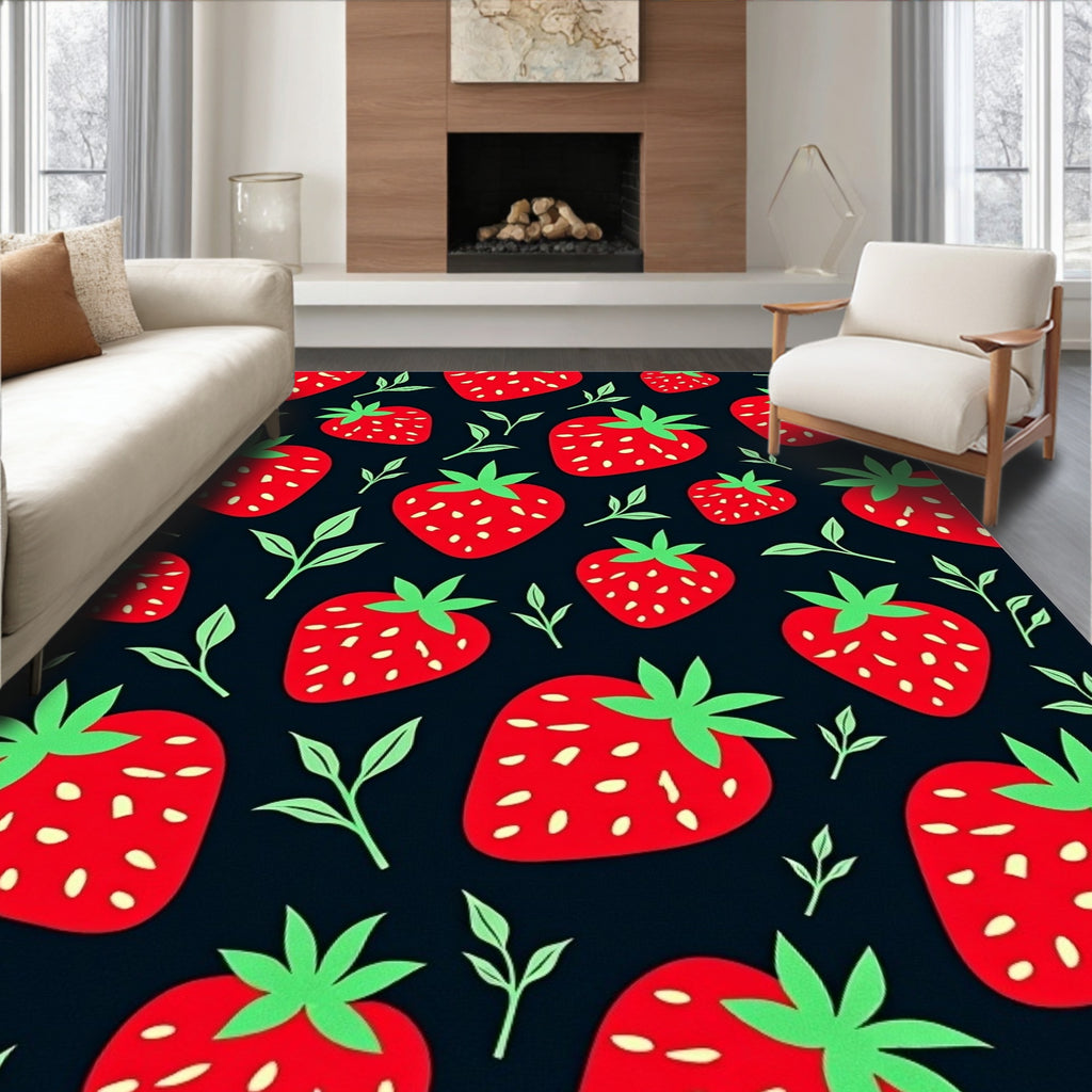 Red Strawberry Garden Black Rug