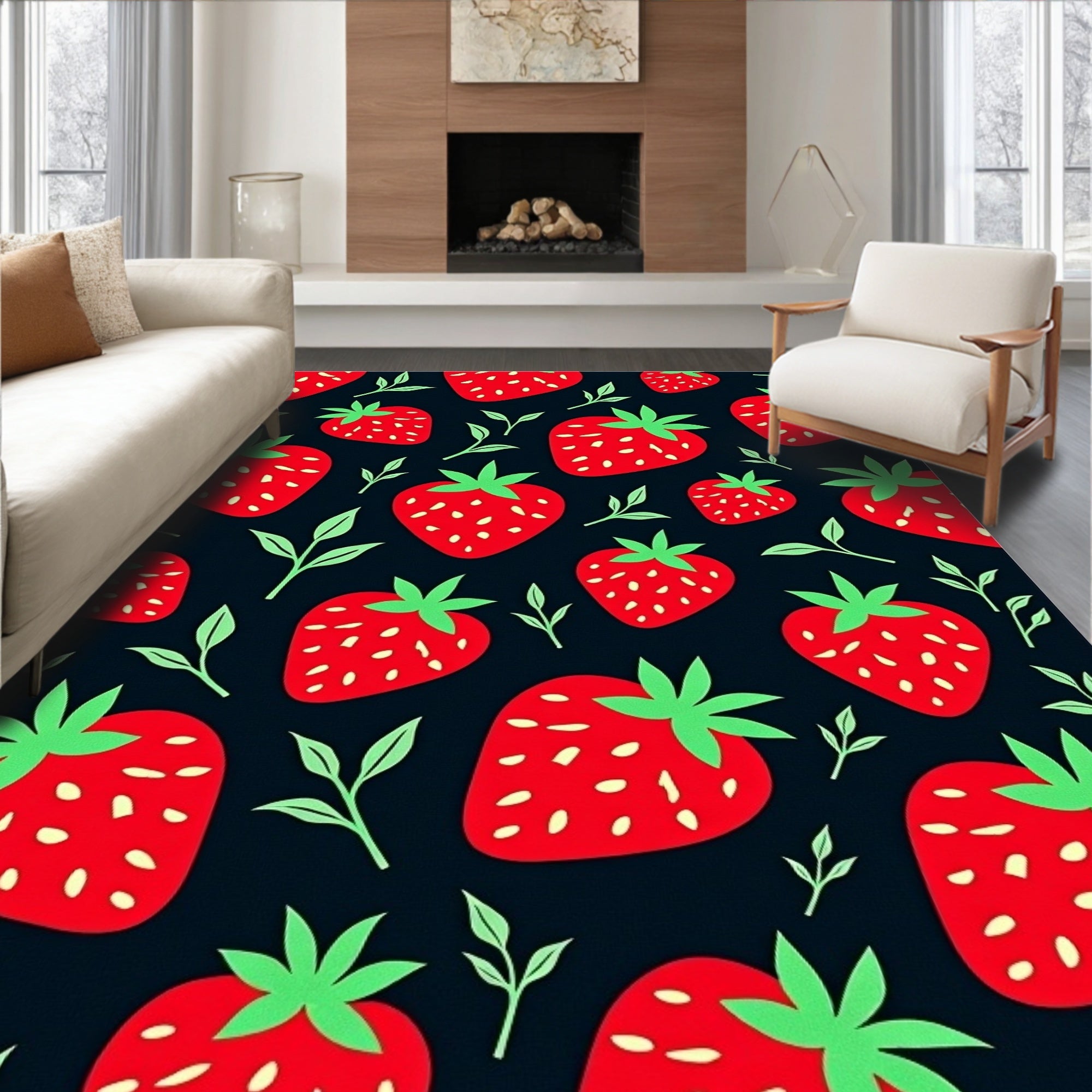 Red Strawberry Garden Black Rug