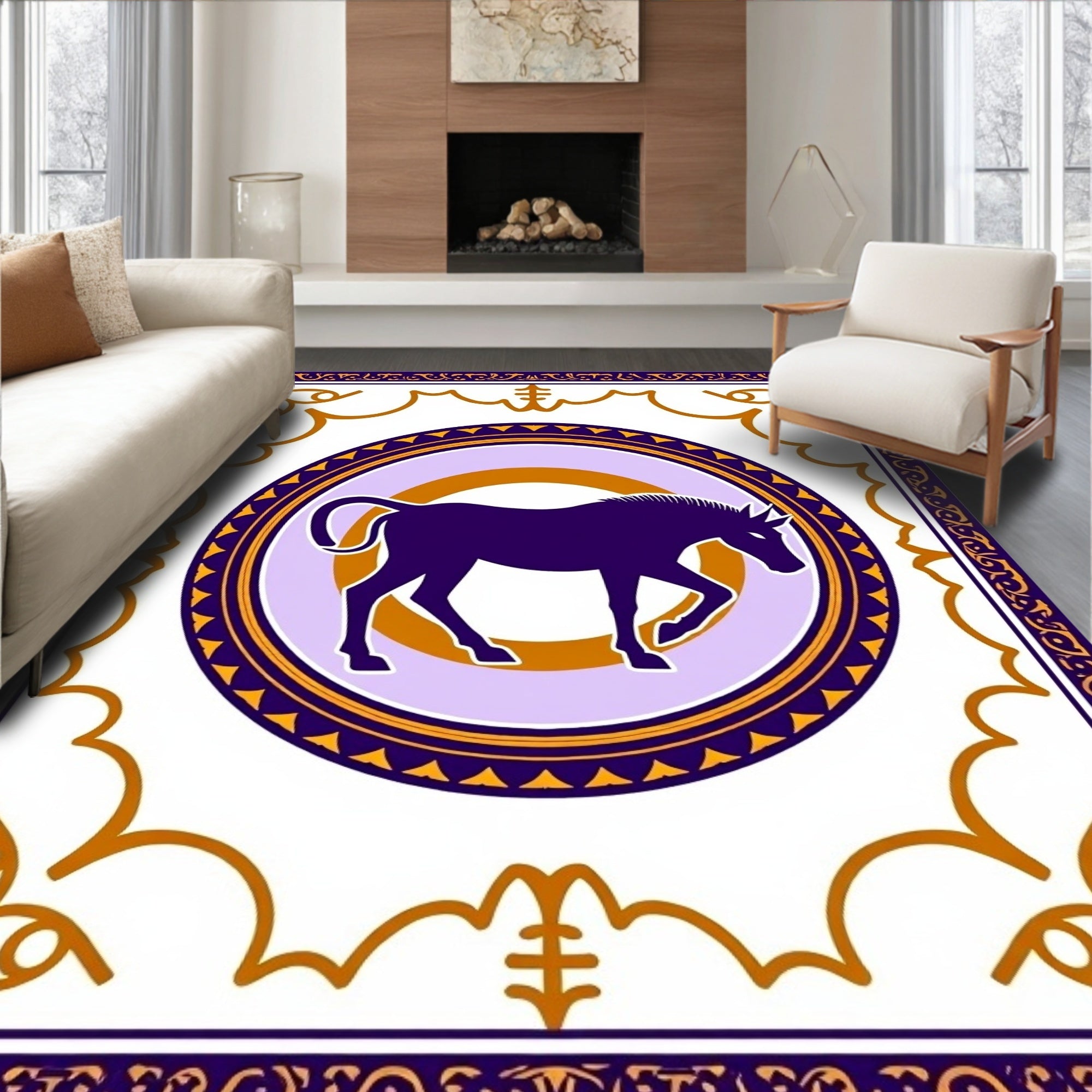 Purple Horse Medallion Golden Ornate Rug