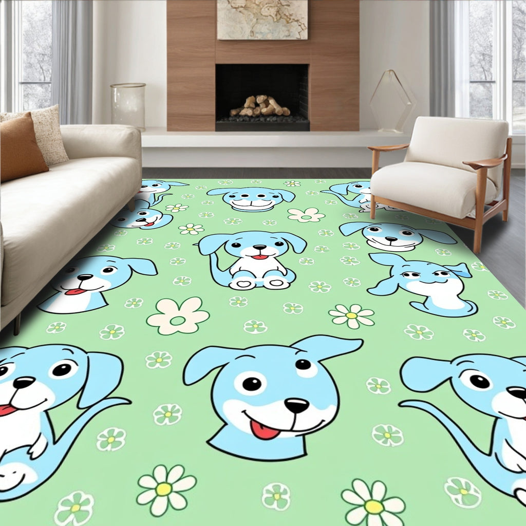 Cute Blue Puppy Flower Meadow Rug