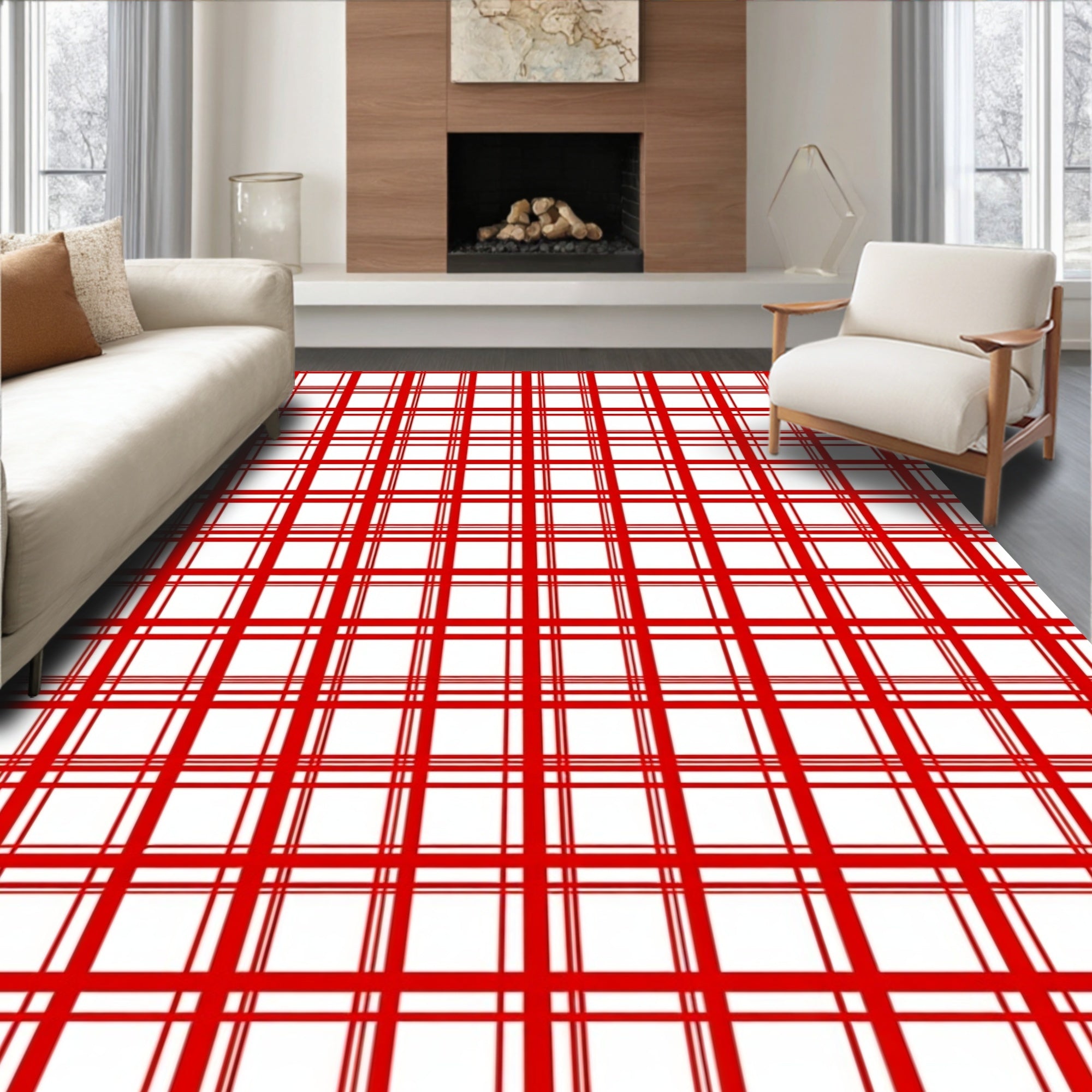Classic Red White Plaid Checkered Rug
