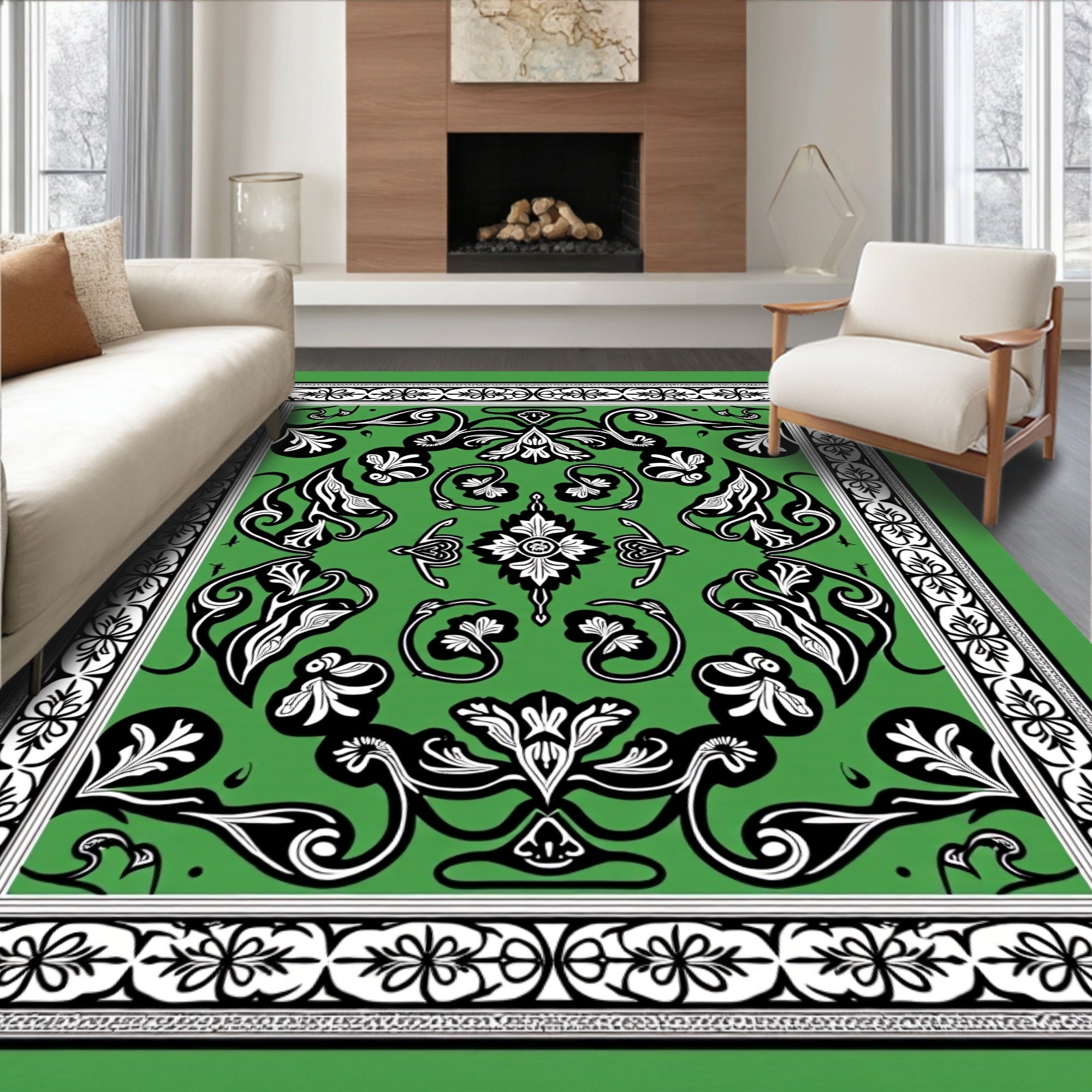 Emerald green black white floral scroll Rug