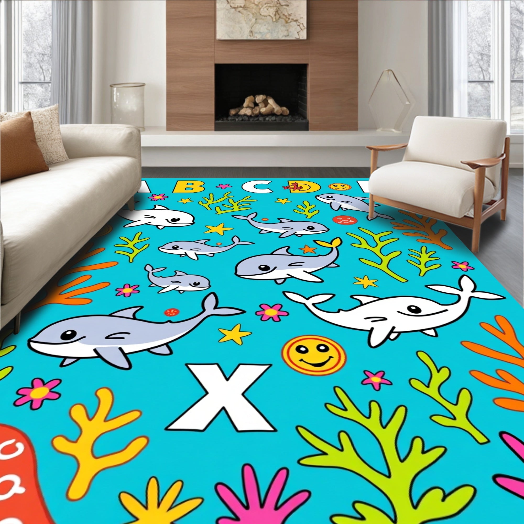 Cute Dolphin Alphabet Ocean Life Rug