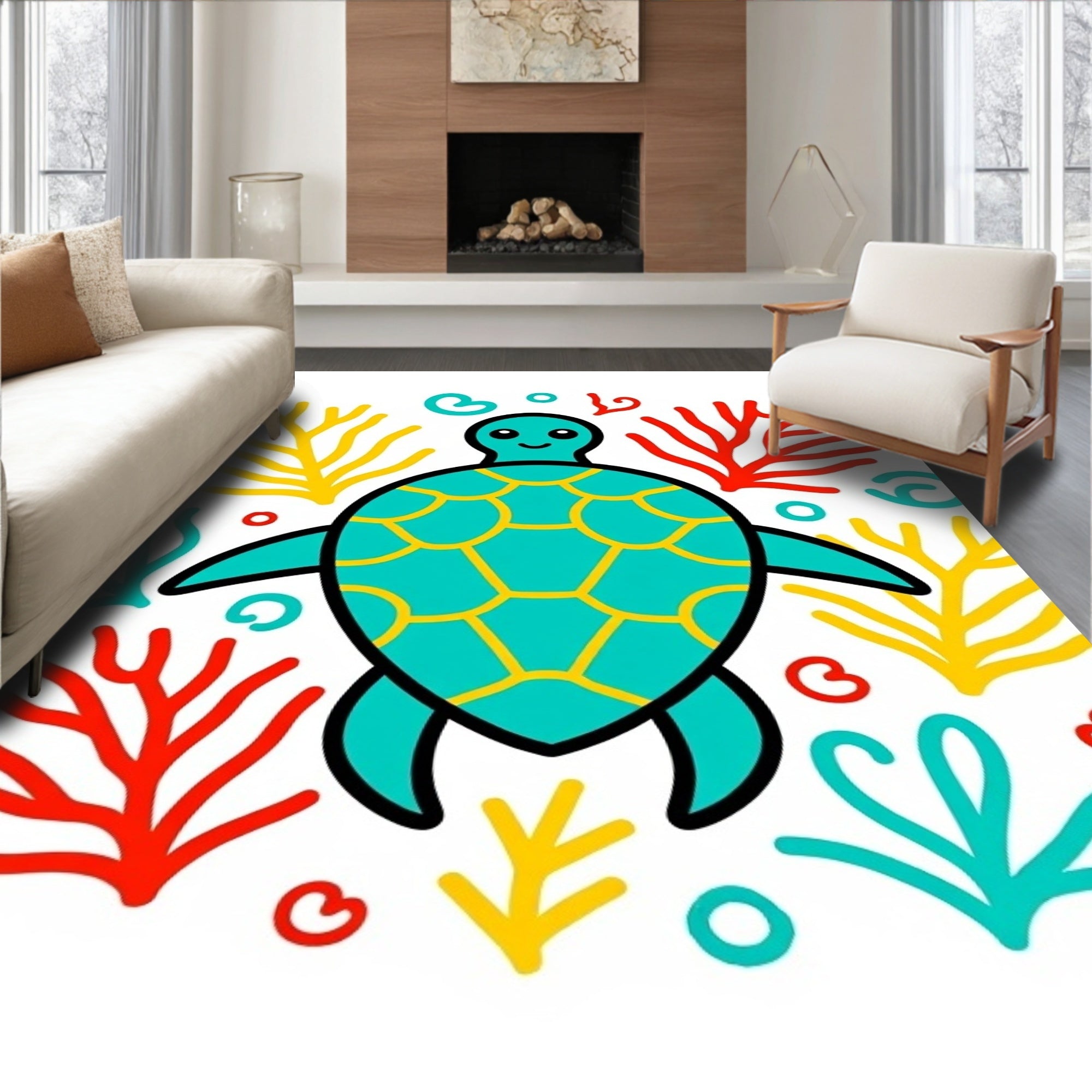 Turquoise Turtle Coral Reef Adventure Rug
