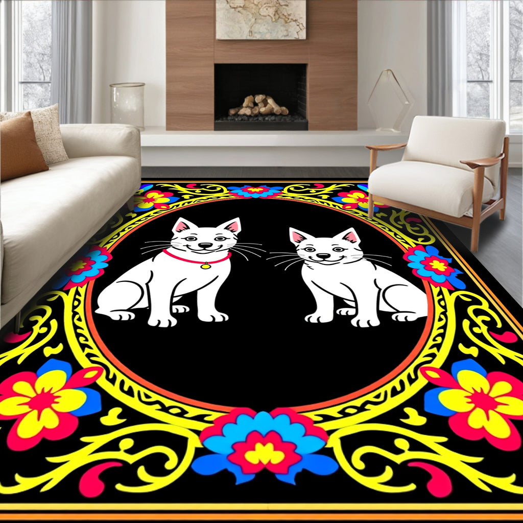Vibrant Floral Frame Two Cats Oval Rug
