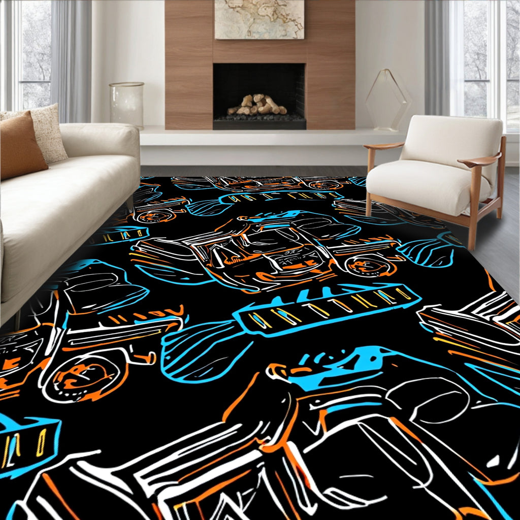 Bold Orange Blue Sketch Cars Rug