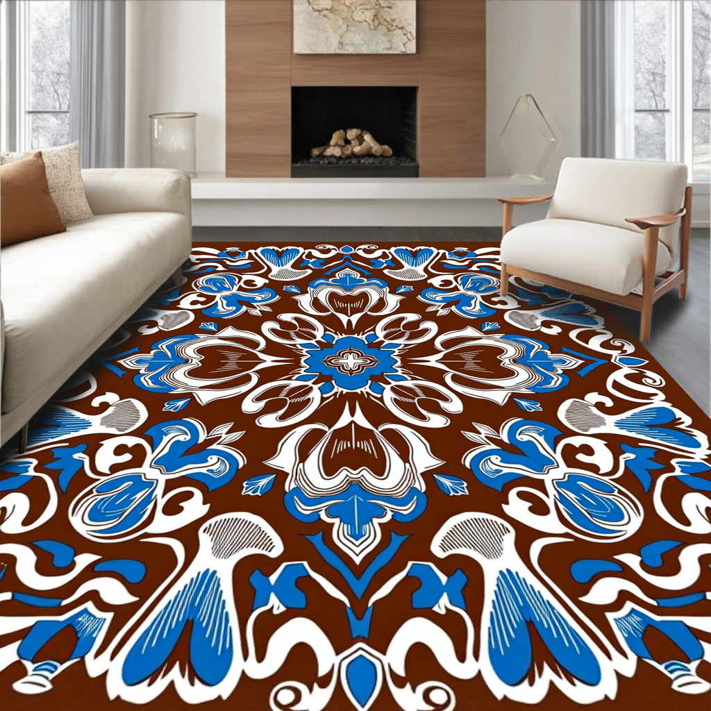 Elegant Blue White Floral Medallion Brown Rug