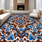 Elegant Blue White Floral Medallion Brown Rug