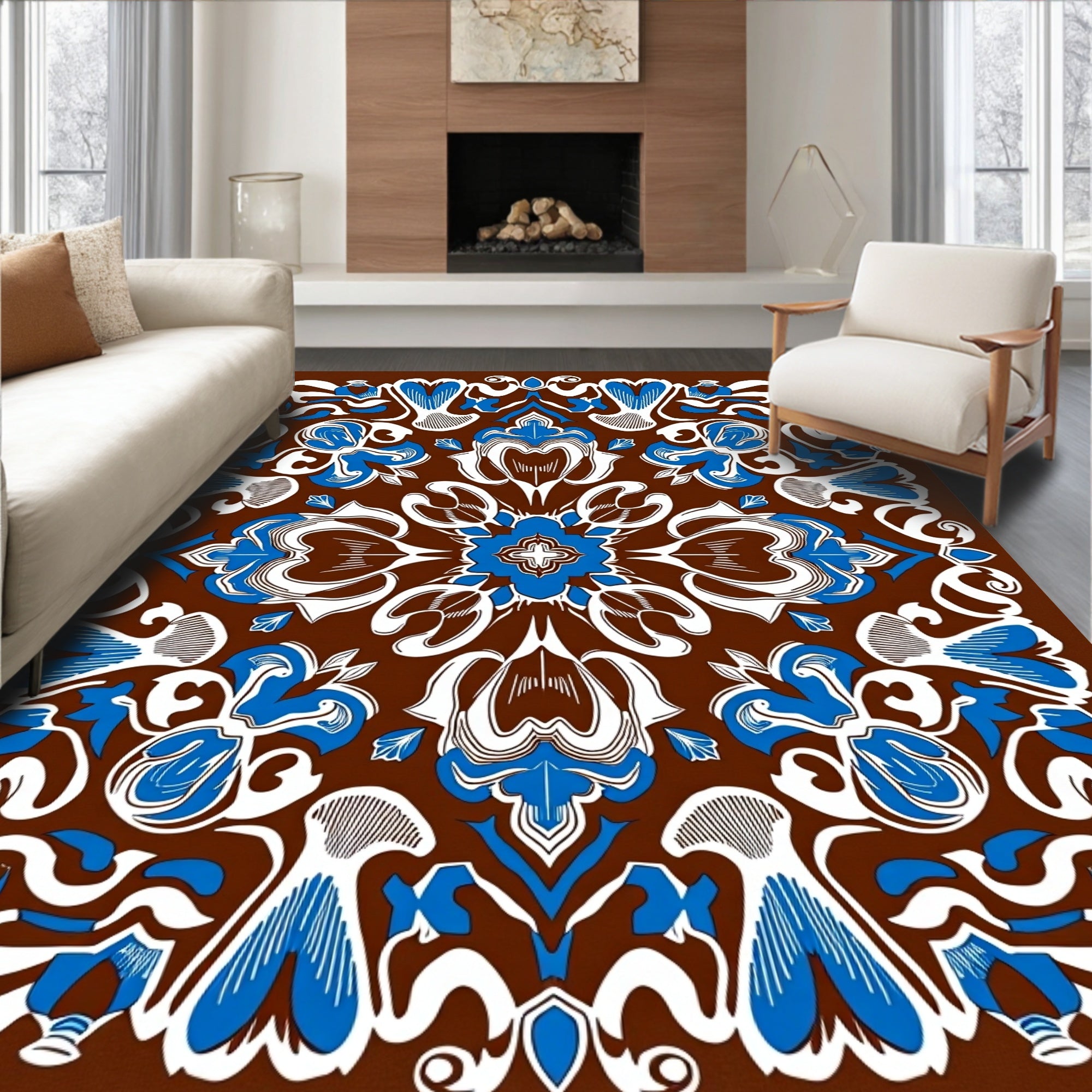 Elegant Blue White Floral Medallion Brown Rug