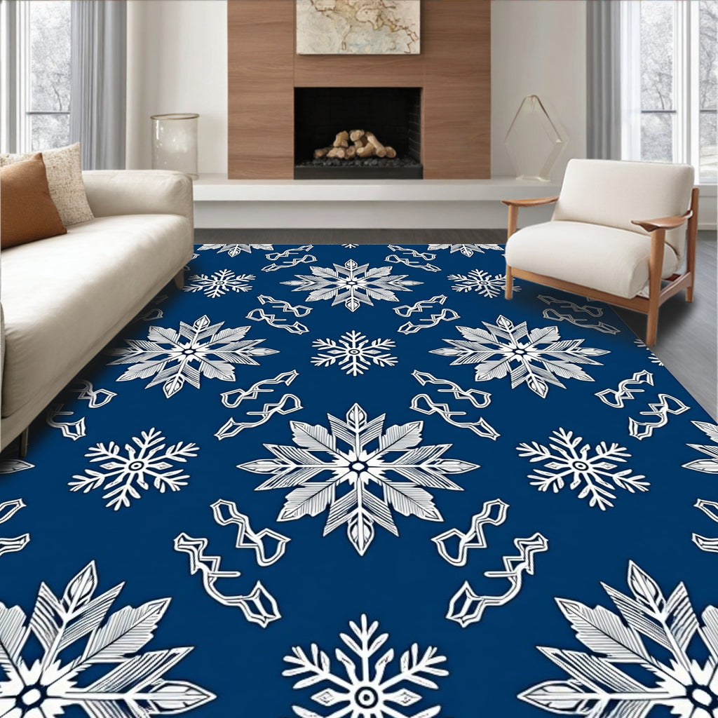 Winter Snowflake Collection White On Blue Rug