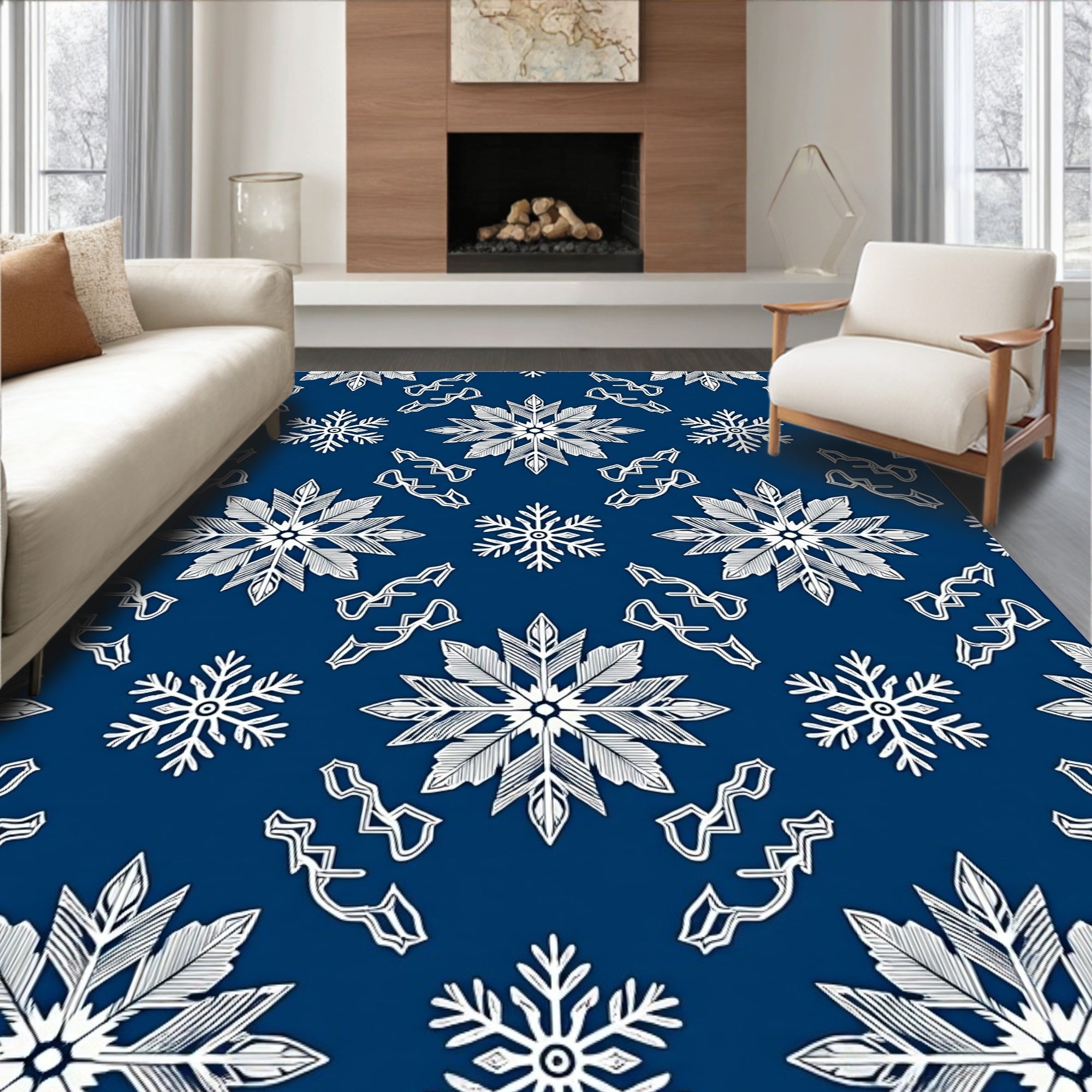 Winter Snowflake Collection White On Blue Rug
