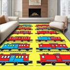 Retro Red Blue Train Cars Rug