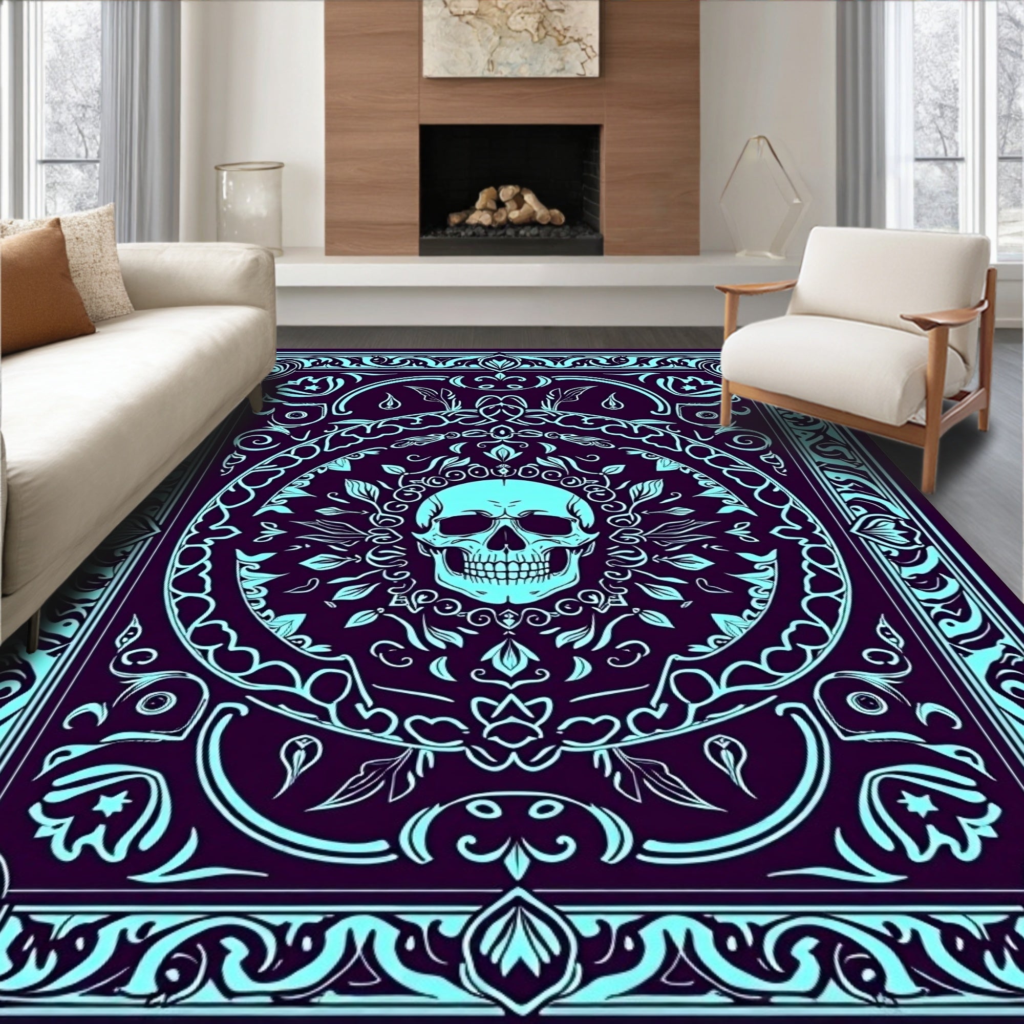 Cyan Skull Ornate Mandala Rug