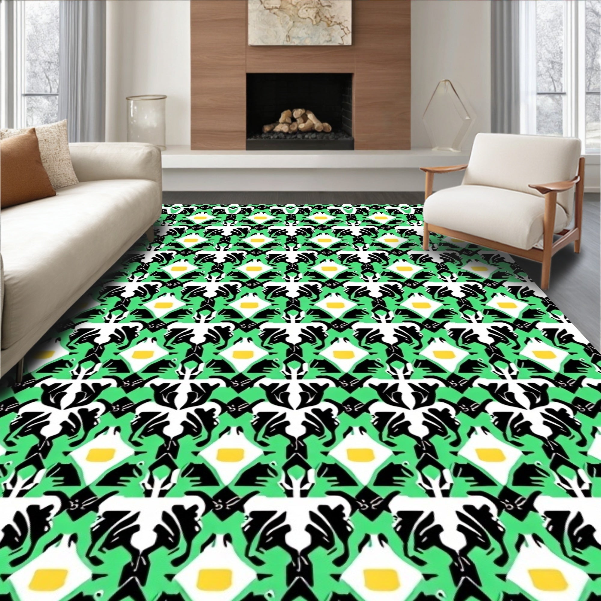 Vibrant Green Black White Yellow Lattice Rug