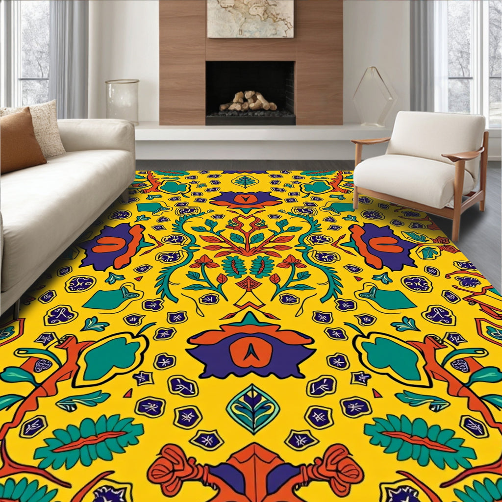 Vibrant Yellow Botanical Medallion Rug