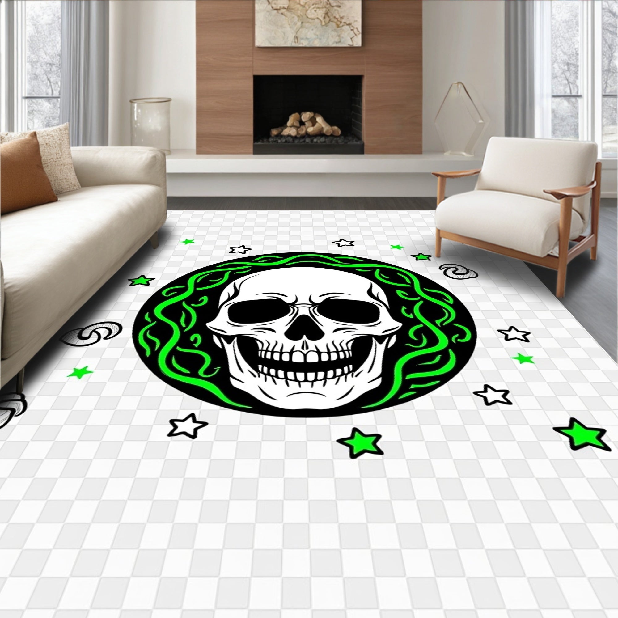 Neon Green Skull Celestial Star Rug