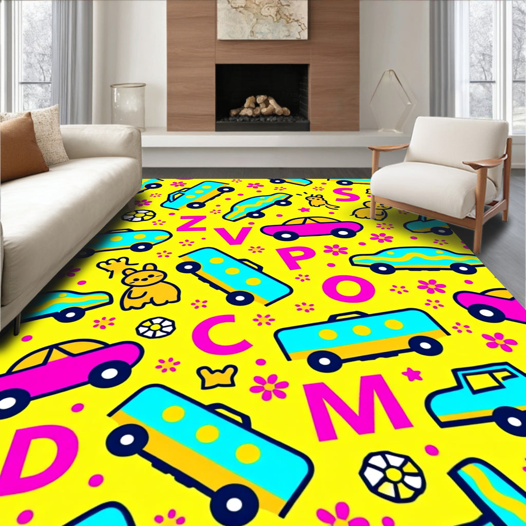Bright Yellow Cars and Letters Rug