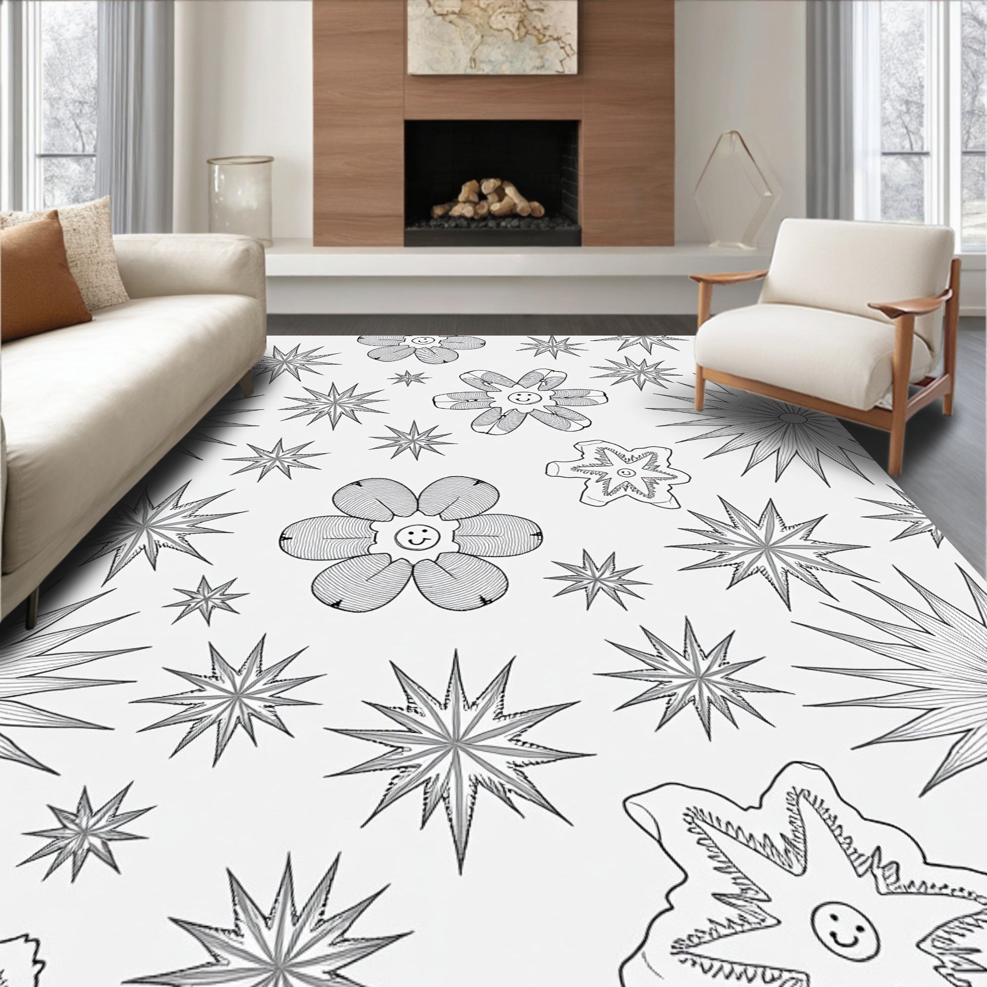 Whimsical Smiley Flower Starburst Art Rug