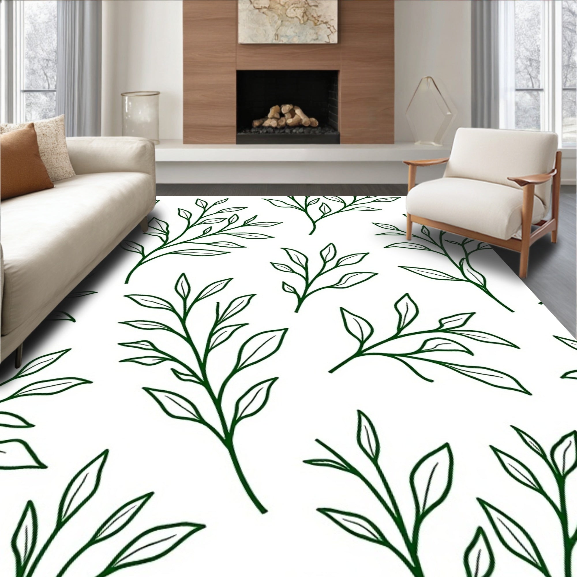 Dark Green Leafy Branch Overlay Rug