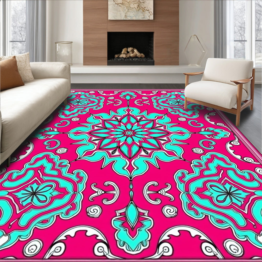 Vibrant Pink Turquoise Medallion Mandala Rug
