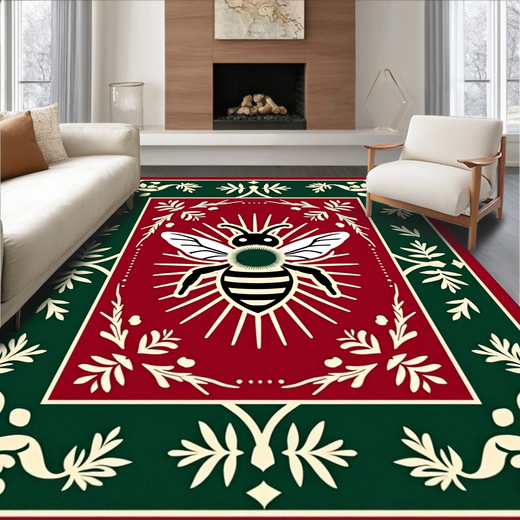 Crimson Green Bee Emblem Frame Rug