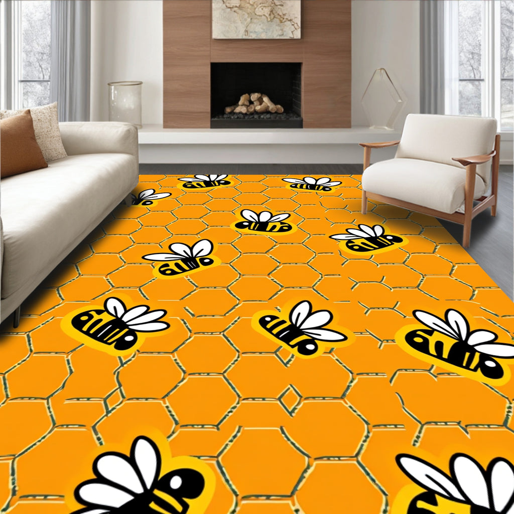 Whimsical Yellow Bee Honeycomb Rug