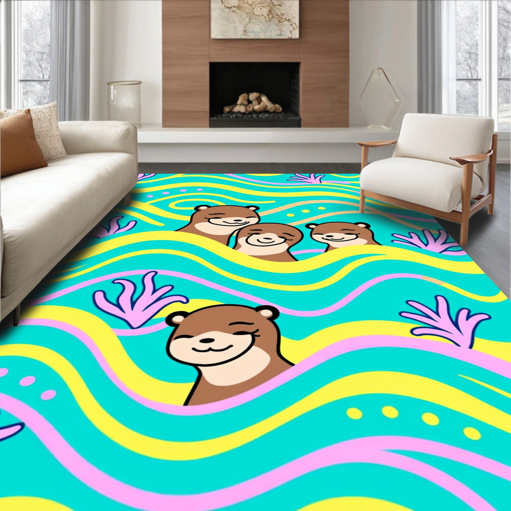 Whimsical Otter Family Flowing Waves Rug