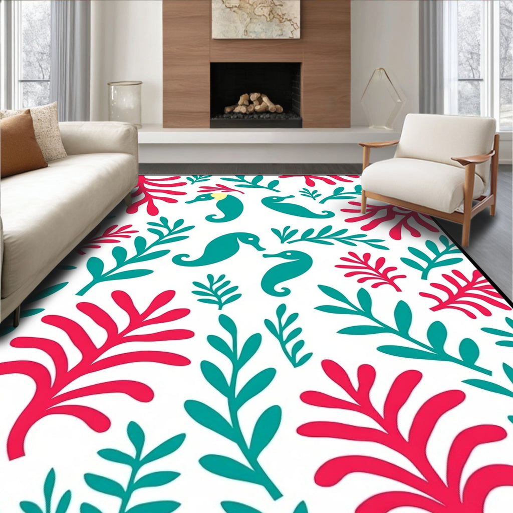Teal Seahorse Red Coral Garden Rug