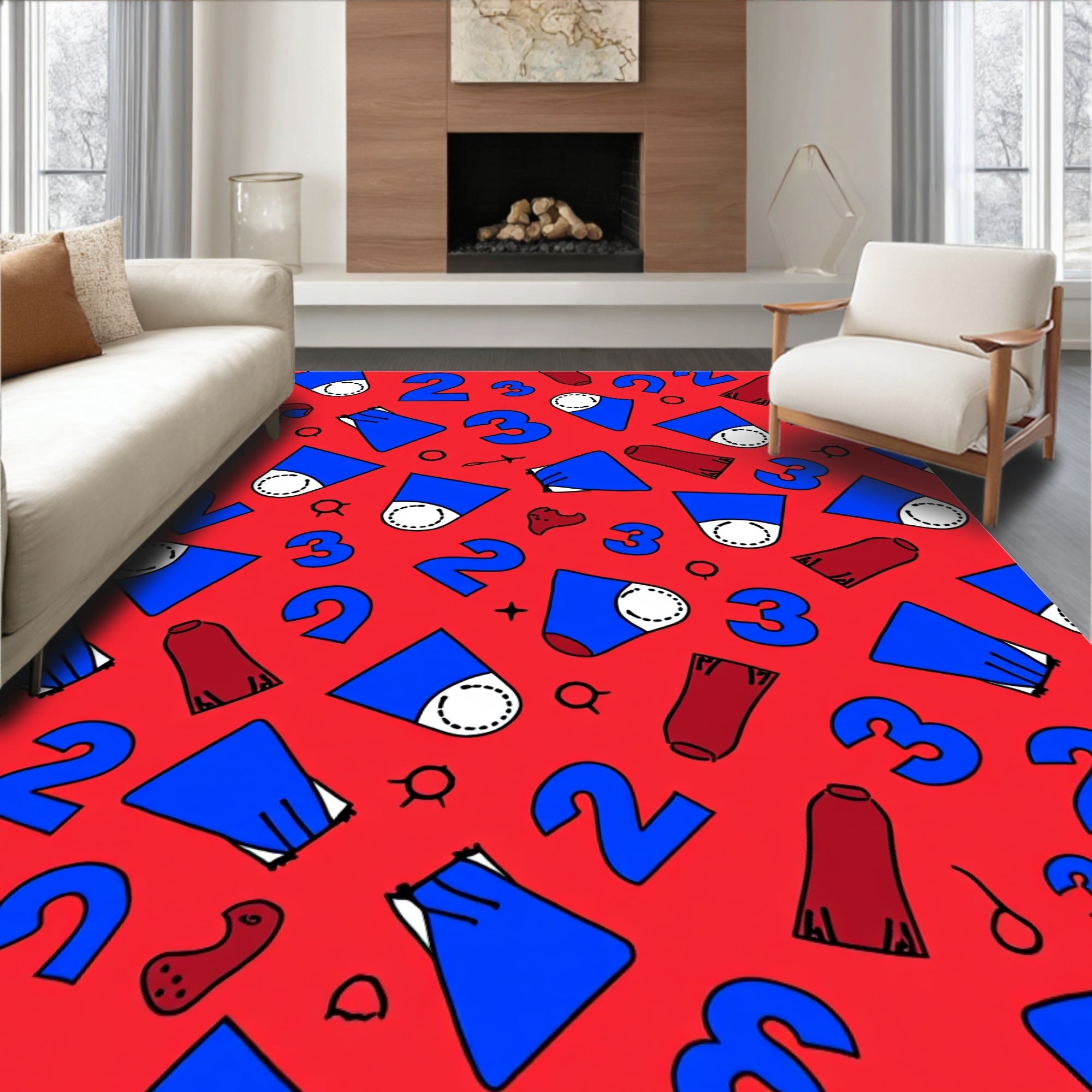 Red Blue Geometric Number Collage Rug